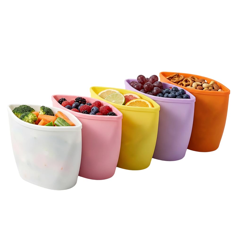 Silicone Reusable Food Storage Bags Stand Up Zip Lock Container (15 Pack) | 100% food-grade silicone, BPA-free. Stand-up zipper seal bags design. Oven/microwave/freezer/dishwasher safe up to 428°F.