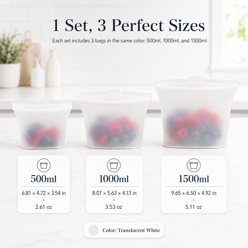 Reusable Silicone Food Storage Bags, 3 Pack 17/34/50 oz, Snack & Meal Prep(Clear)