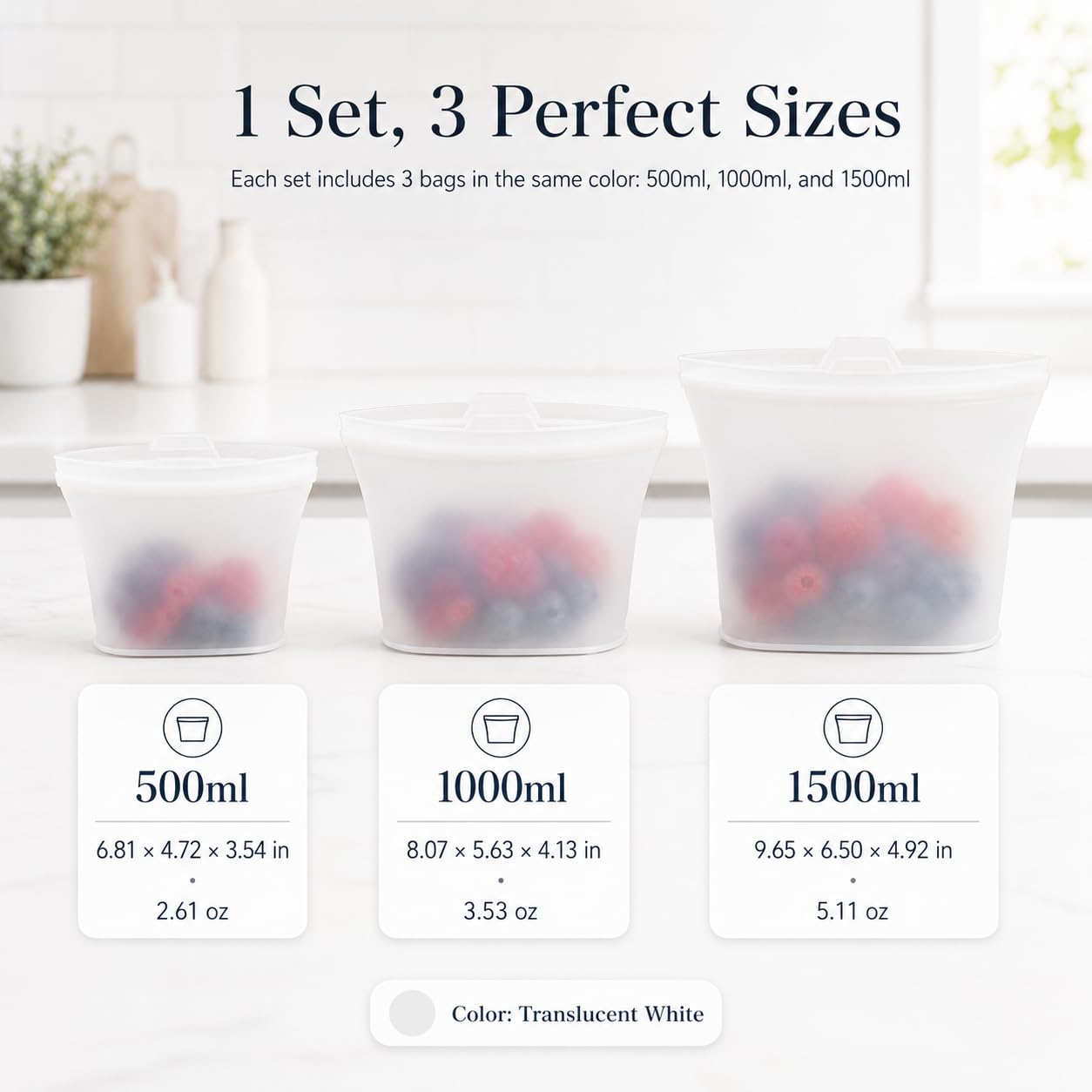 Reusable Silicone Food Storage Bags, 3 Pack 17/34/50 oz, Snack & Meal Prep(Clear)