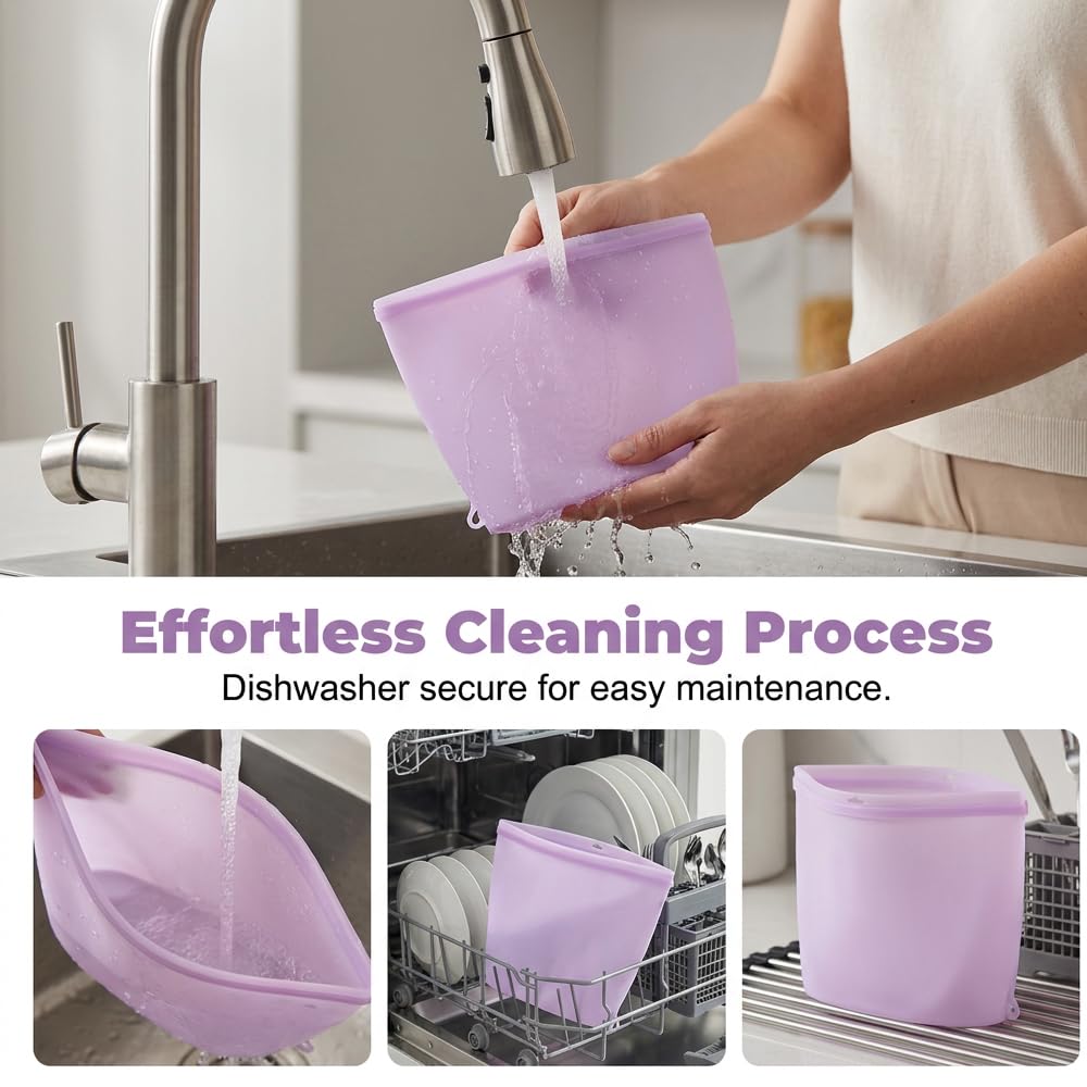 Silicone Reusable Food Storage Bags Stand Up Zip Lock Container (15 Pack) | 100% food-grade silicone, BPA-free. Stand-up zipper seal bags design. Oven/microwave/freezer/dishwasher safe up to 428°F.