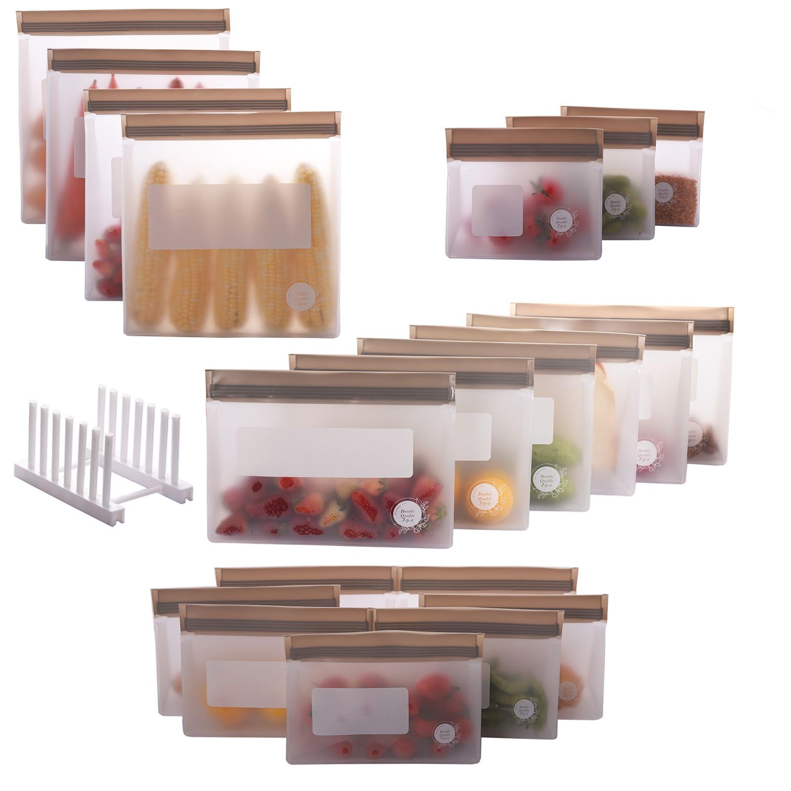 Reusable Food Storage Bags – 10-Pack Stand-Up, BPA-Free, Freezer, Dishwasher Safe, & Eco-Friendly – 5 L, 5 M Bags – Airtight Leakproof Sandwich, Snack, Travel & Make-Up baggies (Grey)