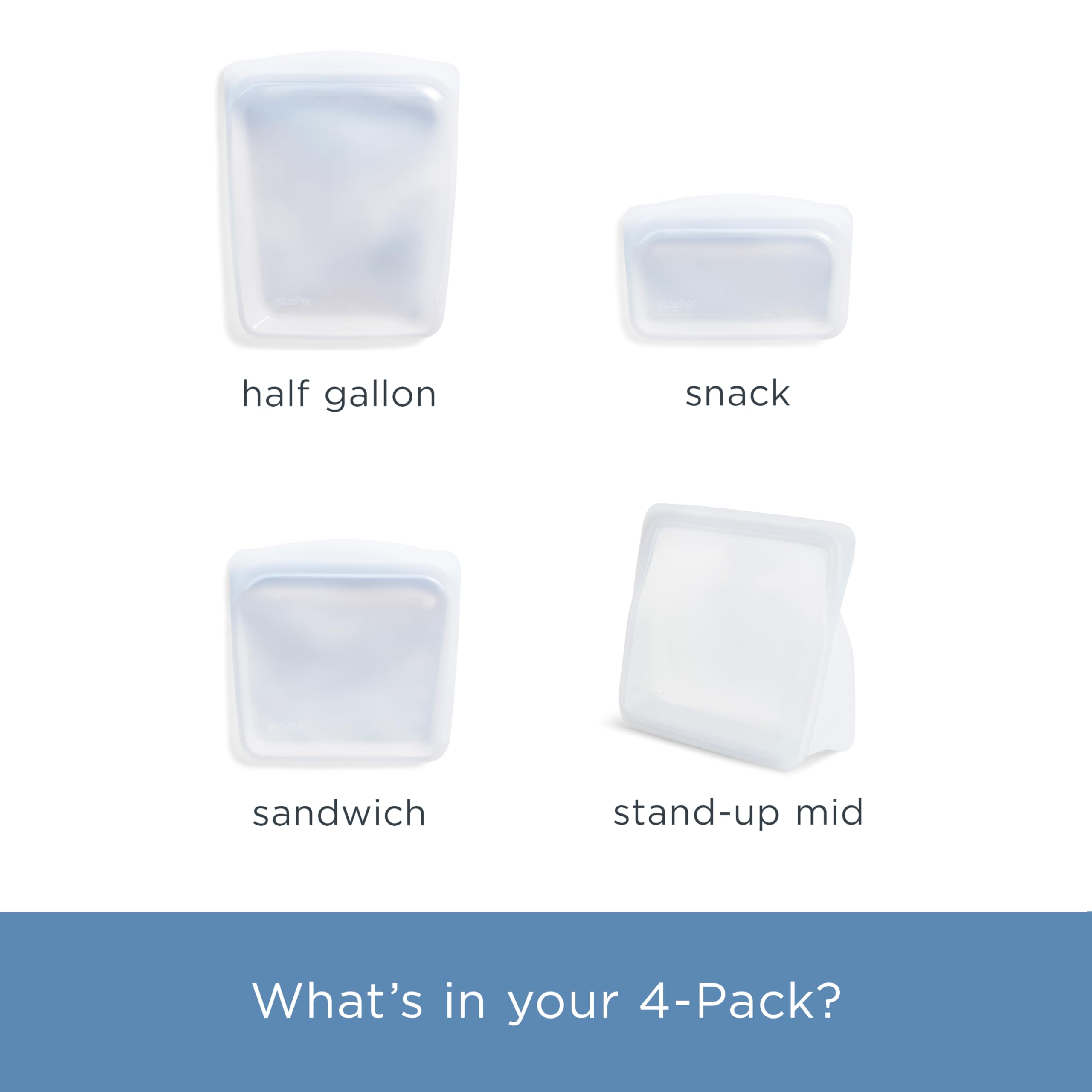 Stasher Silicone Reusable Storage Bags, 4-Pack, Reusable Freezer Bags, Microwave, Dishwasher, Oven Safe, Sous Vide, Premium Lunch Containers, Eco Friendly, Food-safe Silicone Snack Bag, Clear