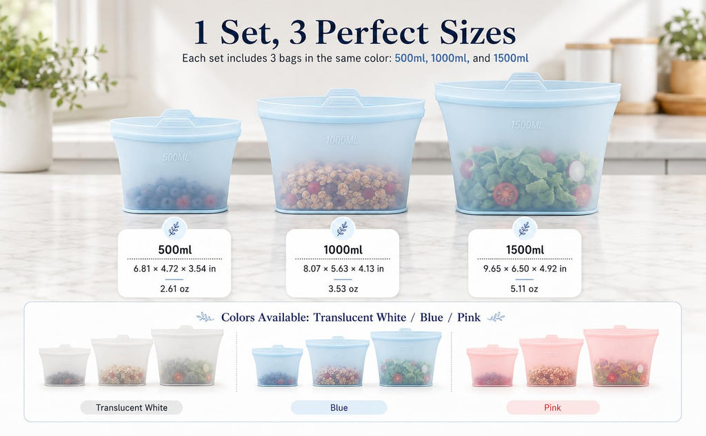 Reusable Silicone Food Storage Bags, 3 Pack 17/34/50 oz, Snack & Meal Prep(Clear)