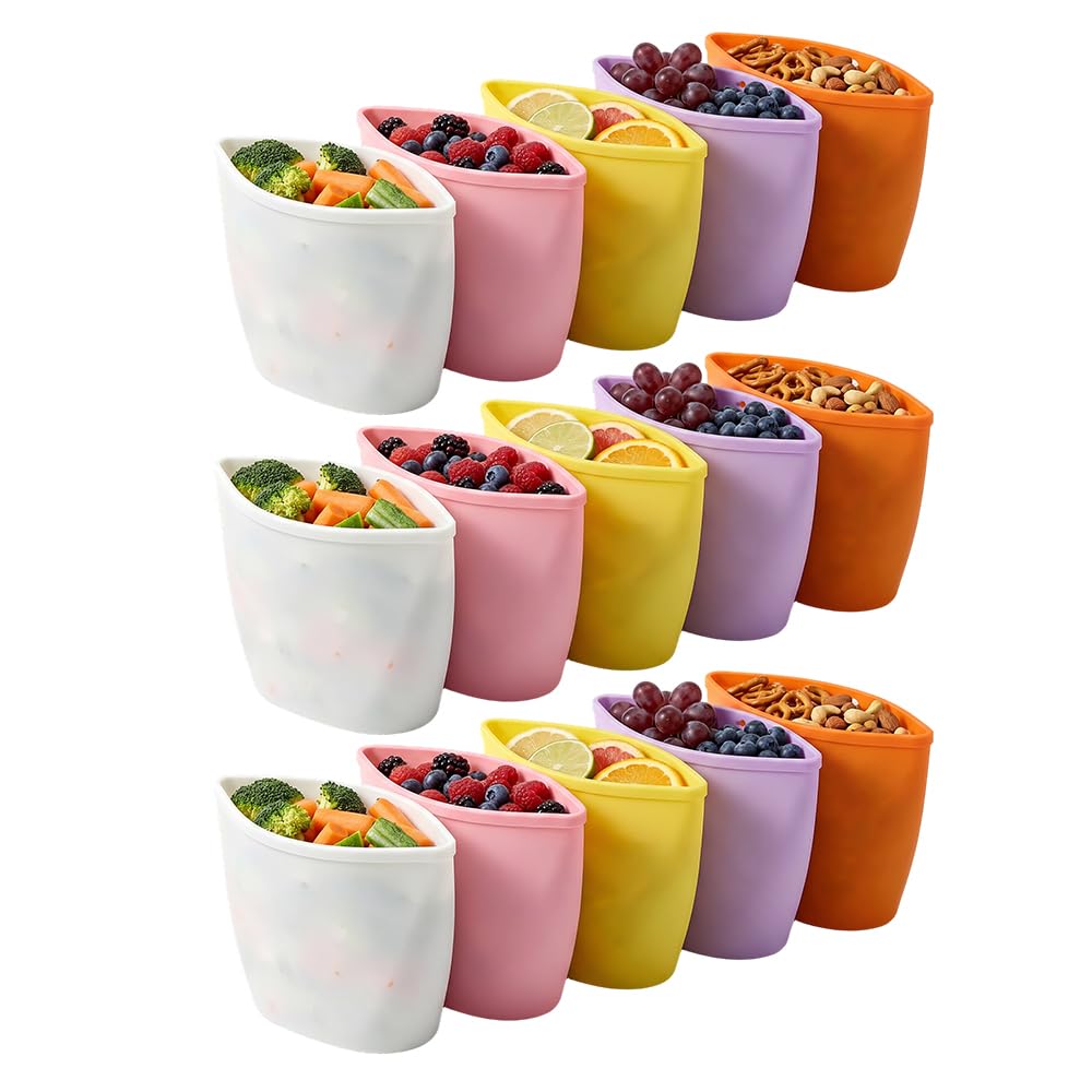 Silicone Reusable Food Storage Bags Stand Up Zip Lock Container (15 Pack) | 100% food-grade silicone, BPA-free. Stand-up zipper seal bags design. Oven/microwave/freezer/dishwasher safe up to 428°F.