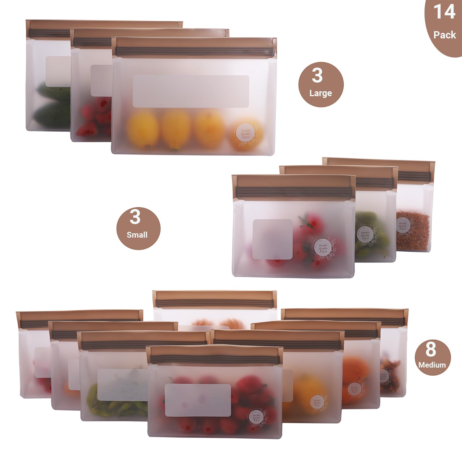 Reusable Food Storage Bags – 10-Pack Stand-Up, BPA-Free, Freezer, Dishwasher Safe, & Eco-Friendly – 5 L, 5 M Bags – Airtight Leakproof Sandwich, Snack, Travel & Make-Up baggies (Grey)