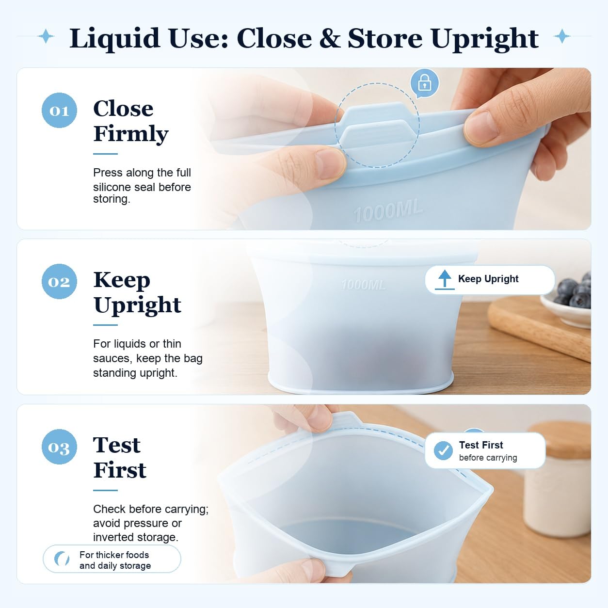 Reusable Silicone Food Storage Bags, 3 Pack 17/34/50 oz, Snack & Meal Prep(Clear)