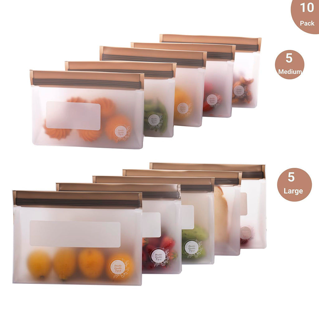 Reusable Food Storage Bags – 10-Pack Stand-Up, BPA-Free, Freezer, Dishwasher Safe, & Eco-Friendly – 5 L, 5 M Bags – Airtight Leakproof Sandwich, Snack, Travel & Make-Up baggies (Grey)