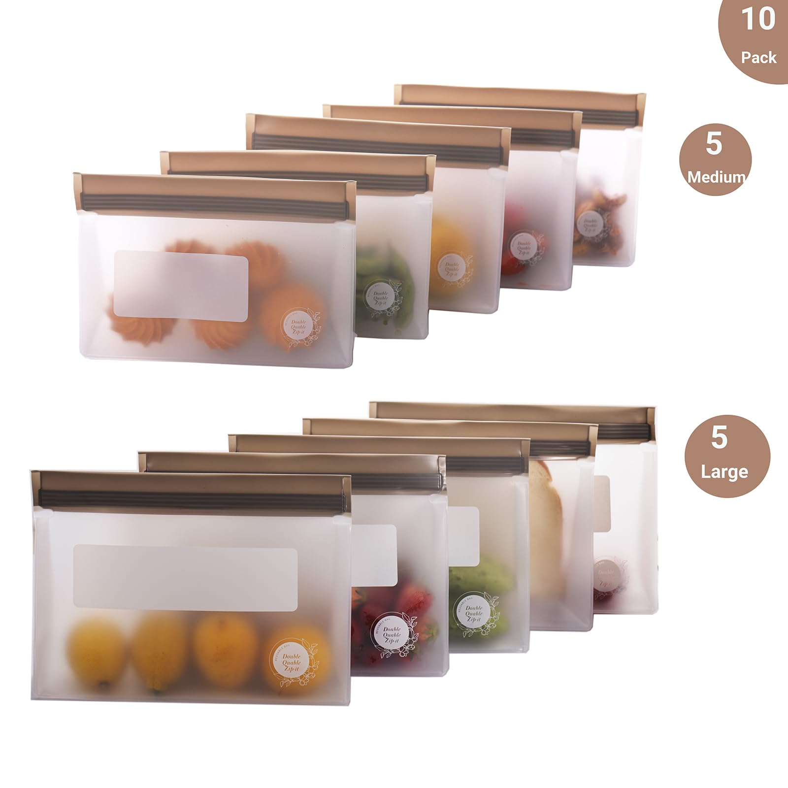 Reusable Food Storage Bags – 10-Pack Stand-Up, BPA-Free, Freezer, Dishwasher Safe, & Eco-Friendly – 5 L, 5 M Bags – Airtight Leakproof Sandwich, Snack, Travel & Make-Up baggies (Grey)