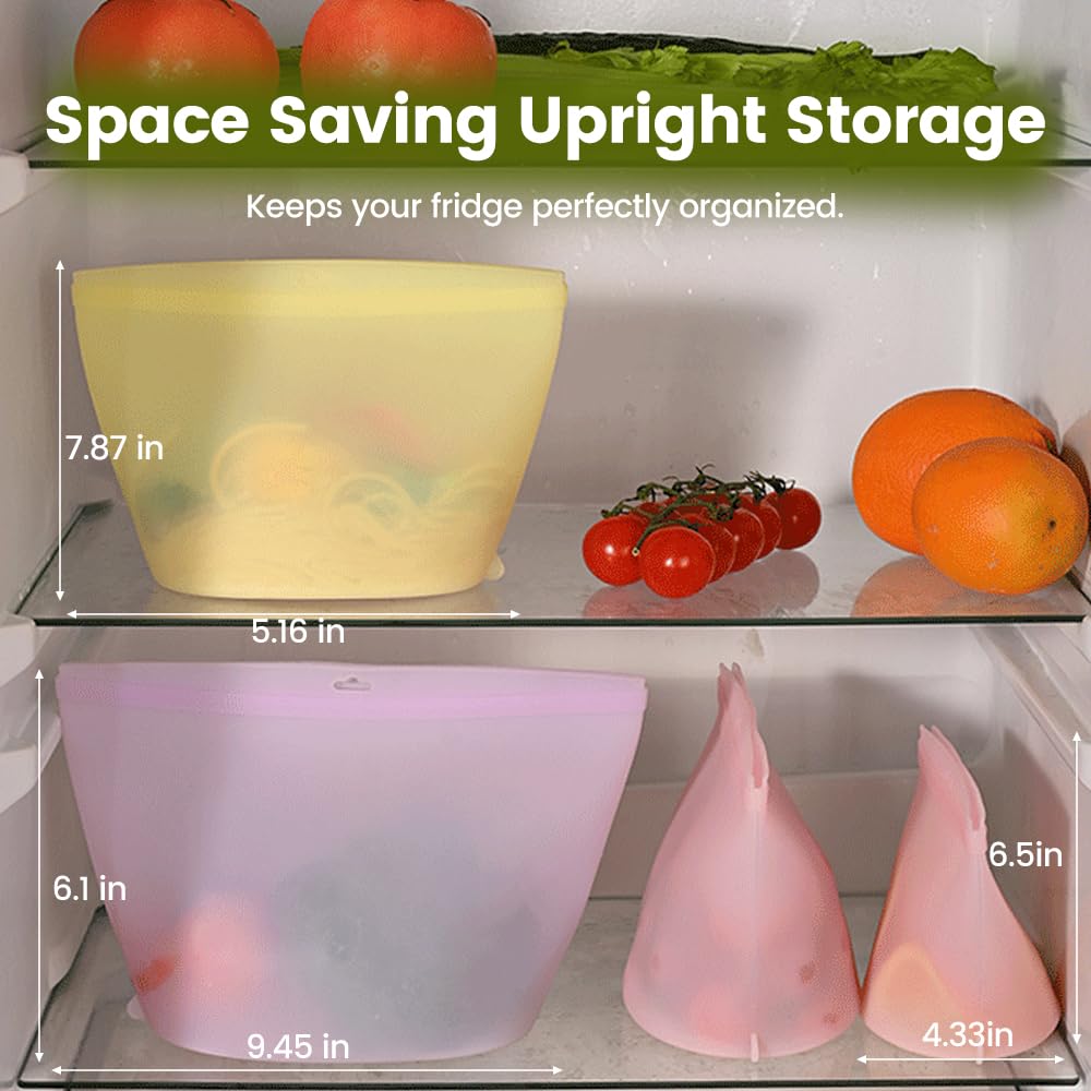 Silicone Reusable Food Storage Bags Stand Up Zip Lock Container (15 Pack) | 100% food-grade silicone, BPA-free. Stand-up zipper seal bags design. Oven/microwave/freezer/dishwasher safe up to 428°F.