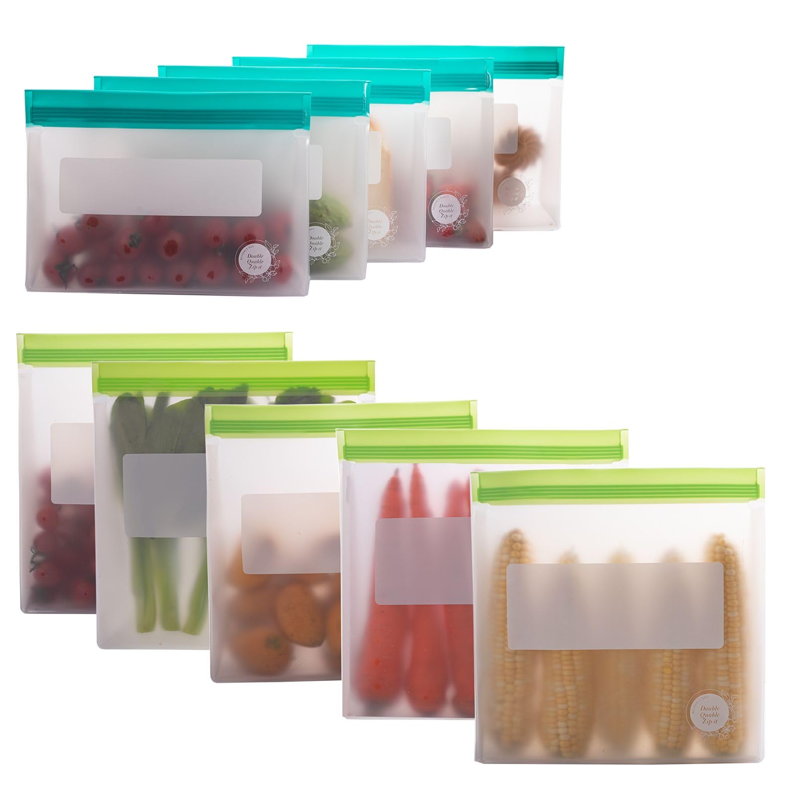Reusable Food Storage Bags – 10-Pack Stand-Up, BPA-Free, Freezer, Dishwasher Safe, & Eco-Friendly – 5 L, 5 M Bags – Airtight Leakproof Sandwich, Snack, Travel & Make-Up baggies (Grey)