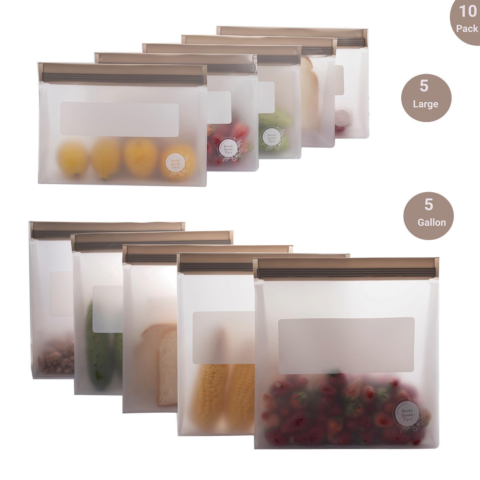 Reusable Food Storage Bags – 10-Pack Stand-Up, BPA-Free, Freezer, Dishwasher Safe, & Eco-Friendly – 5 L, 5 M Bags – Airtight Leakproof Sandwich, Snack, Travel & Make-Up baggies (Grey)