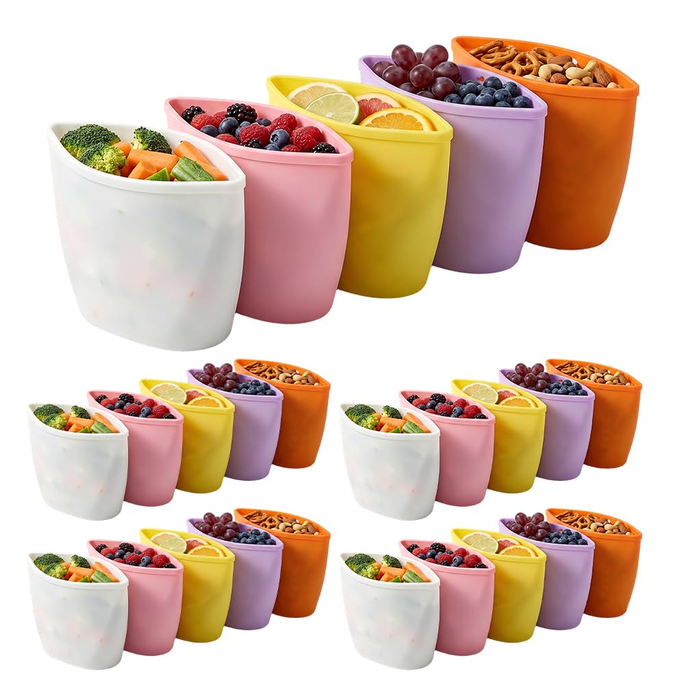 Silicone Reusable Food Storage Bags Stand Up Zip Lock Container (15 Pack) | 100% food-grade silicone, BPA-free. Stand-up zipper seal bags design. Oven/microwave/freezer/dishwasher safe up to 428°F.