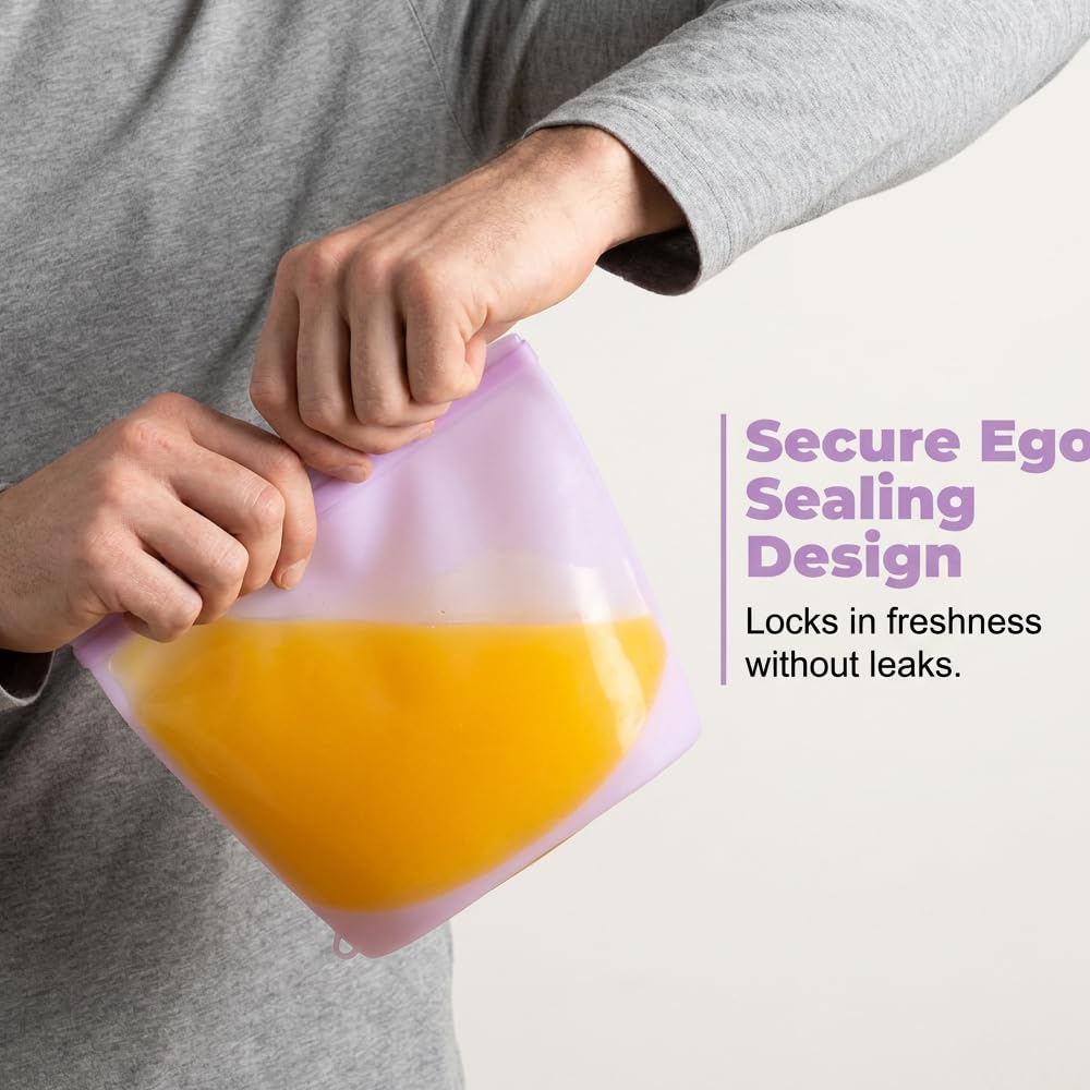 Silicone Reusable Food Storage Bags Stand Up Zip Lock Container (15 Pack) | 100% food-grade silicone, BPA-free. Stand-up zipper seal bags design. Oven/microwave/freezer/dishwasher safe up to 428°F.