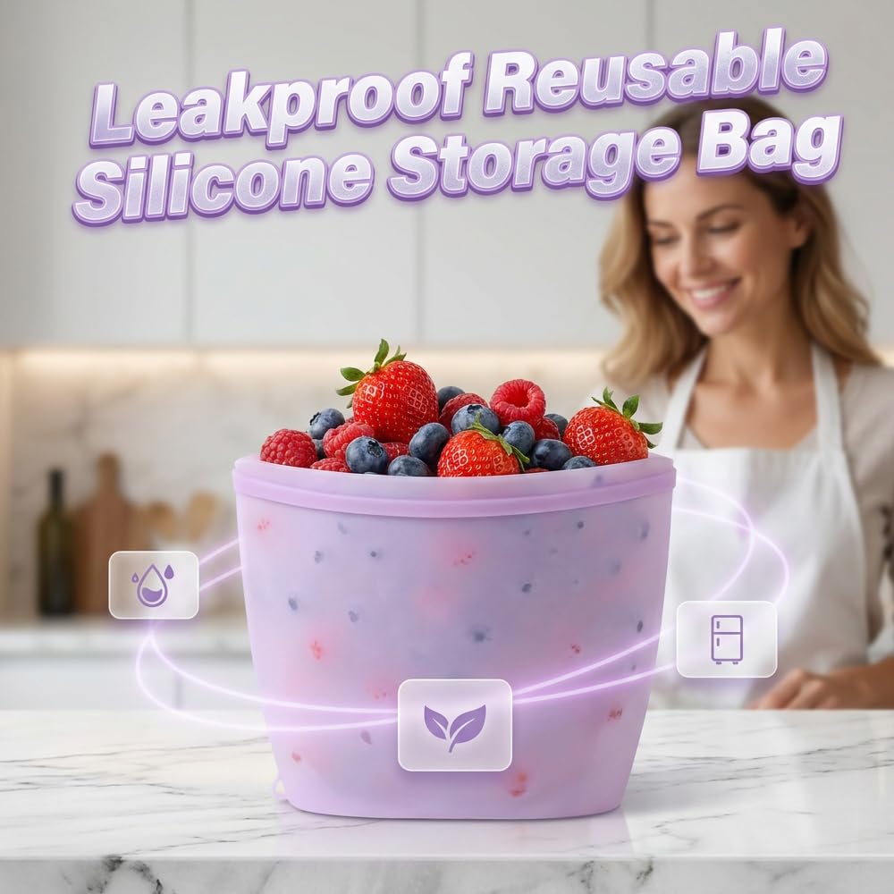 Silicone Reusable Food Storage Bags Stand Up Zip Lock Container (15 Pack) | 100% food-grade silicone, BPA-free. Stand-up zipper seal bags design. Oven/microwave/freezer/dishwasher safe up to 428°F.