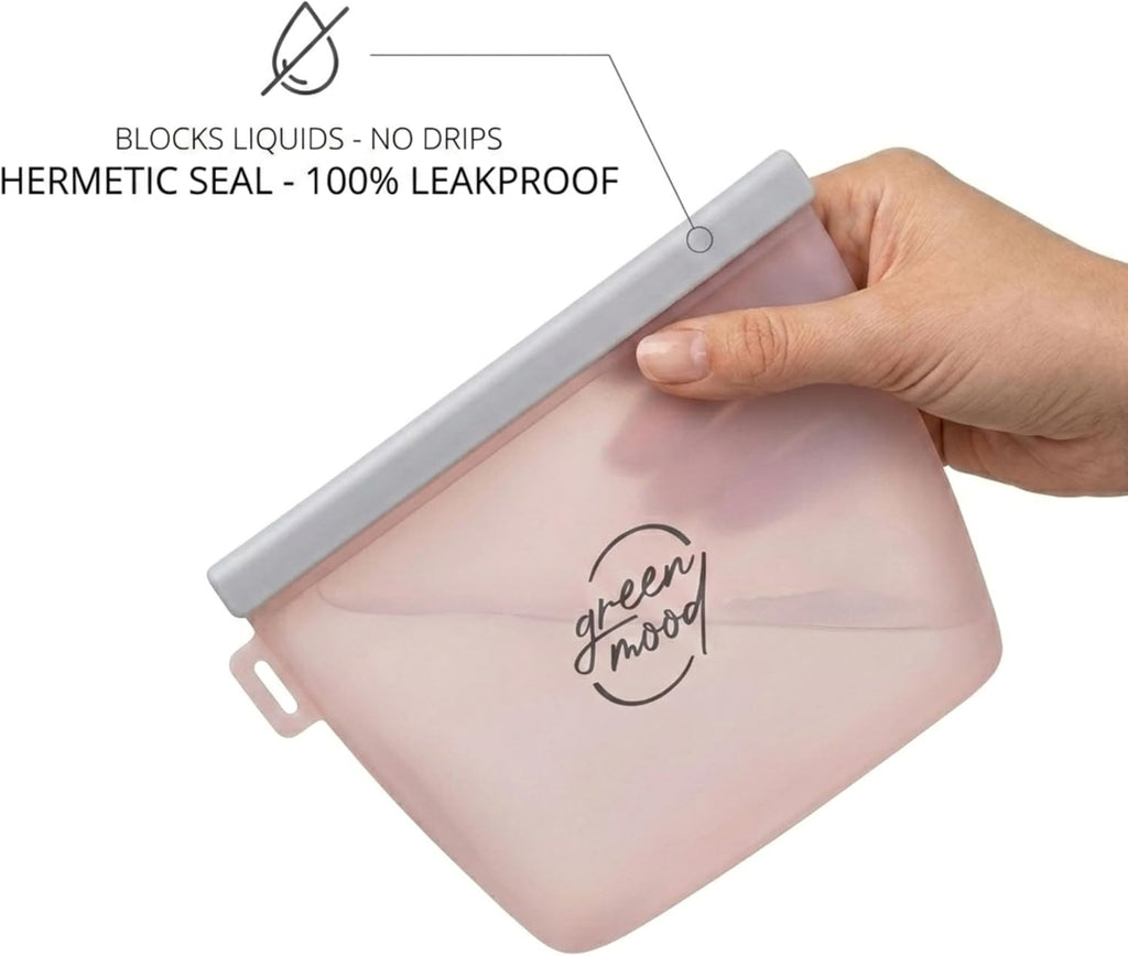 Green Mood Silicone Reusable Food Storage Bags with Organizer – 5 Pack (4 Sizes) – BPA-Free, Leakproof, Freezer & Microwave Safe – Eco-Friendly Bags with Plastic Storage Box for Kitchen & Travel