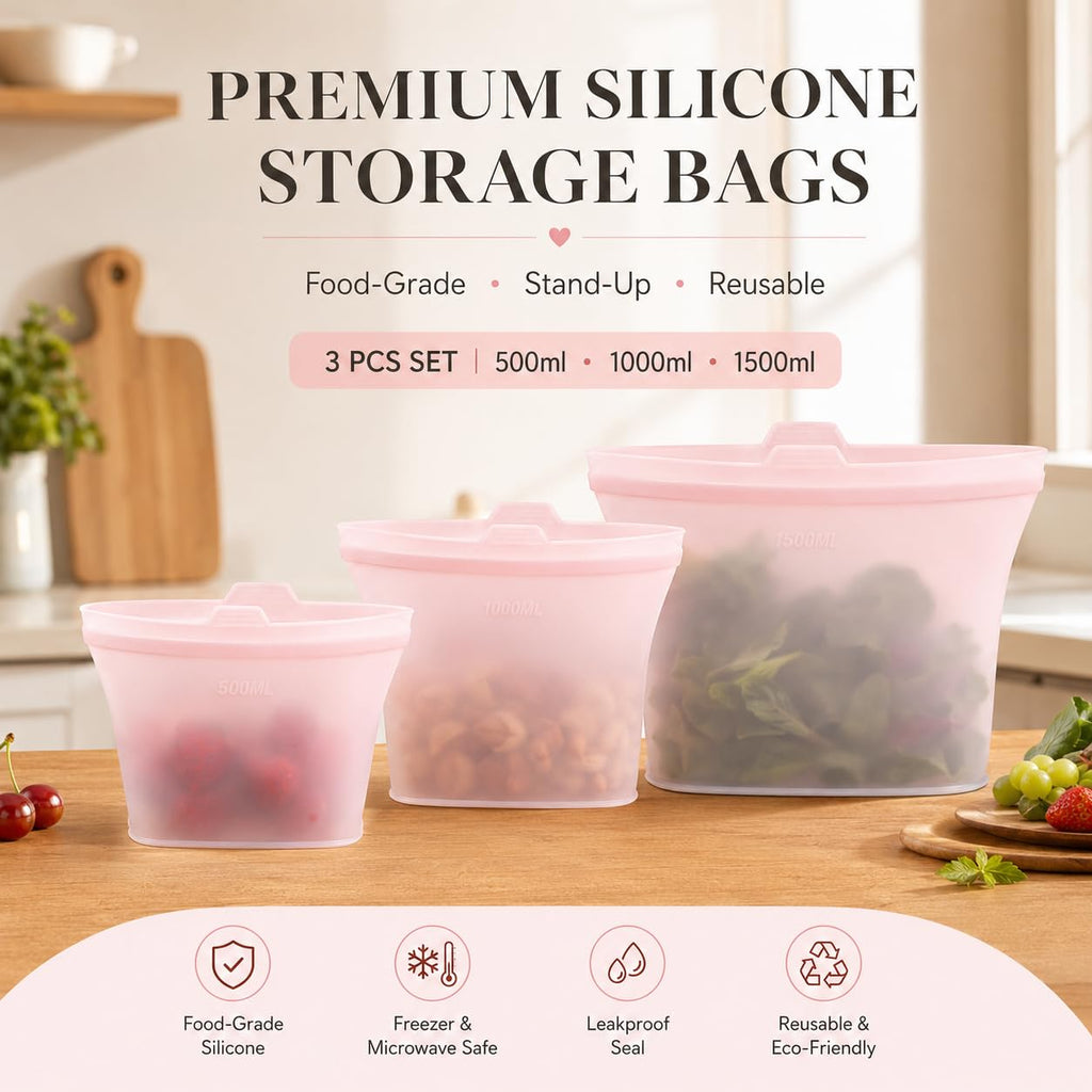 Reusable Silicone Food Storage Bags, 3 Pack 17/34/50 oz, Snack & Meal Prep(Clear)