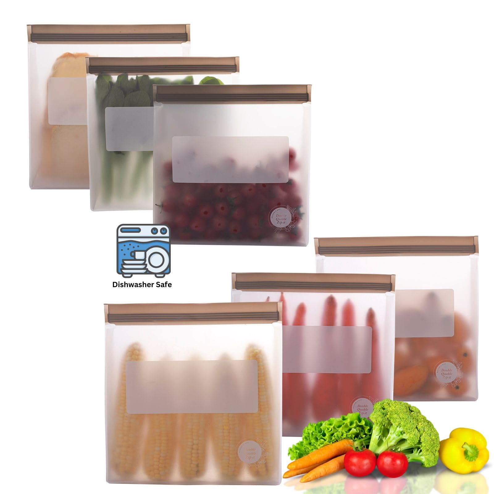 Reusable Food Storage Bags – 10-Pack Stand-Up, BPA-Free, Freezer, Dishwasher Safe, & Eco-Friendly – 5 L, 5 M Bags – Airtight Leakproof Sandwich, Snack, Travel & Make-Up baggies (Grey)