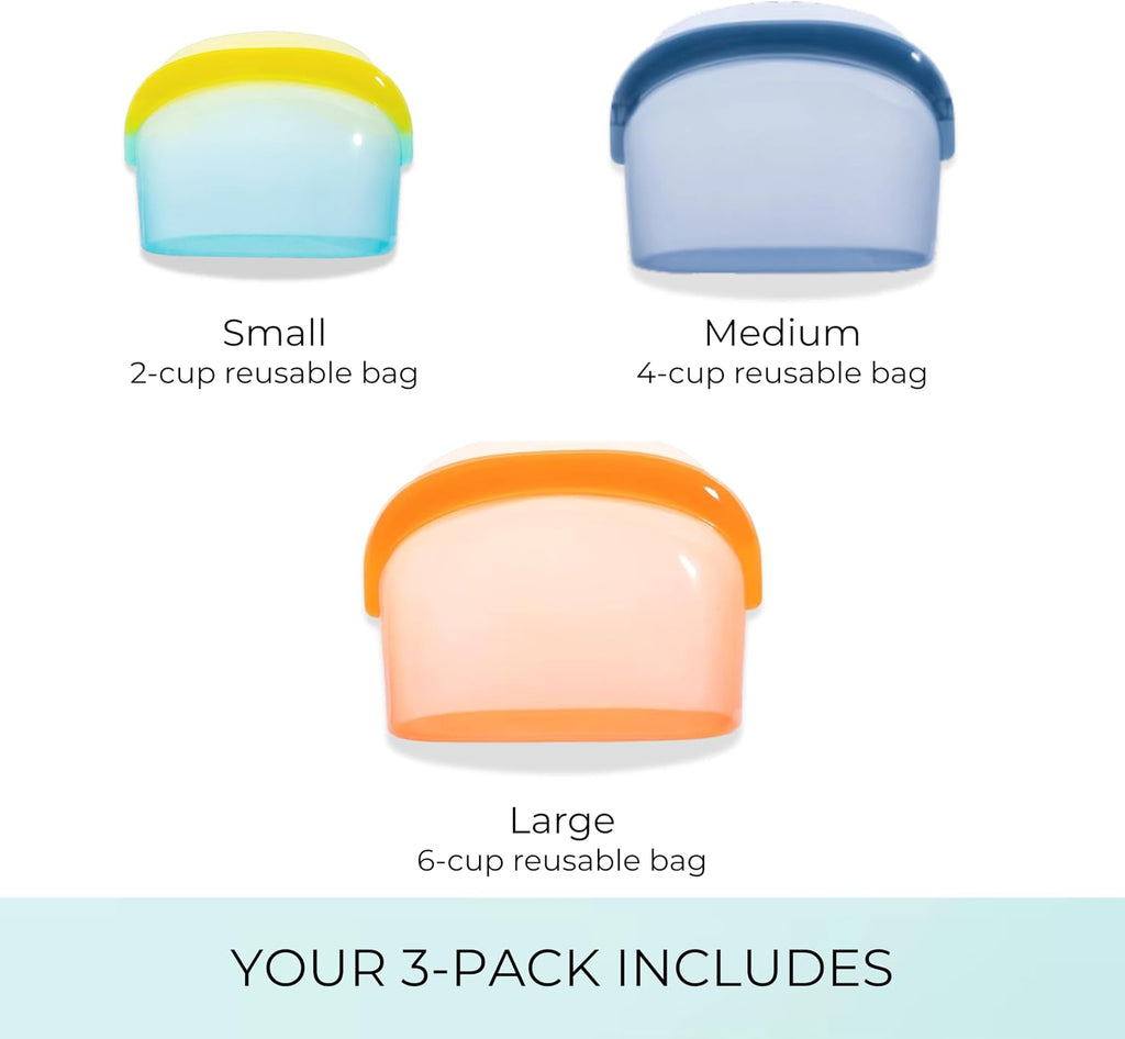 Reusable Silicone Food Storage Bags (3-Pack) | Stand-Up Wide Bottom Leakproof Silicone Freezer Bags | BPA-Free Microwave & Dishwasher Safe | Eco-Friendly Airtight Snack & Meal Prep Bags