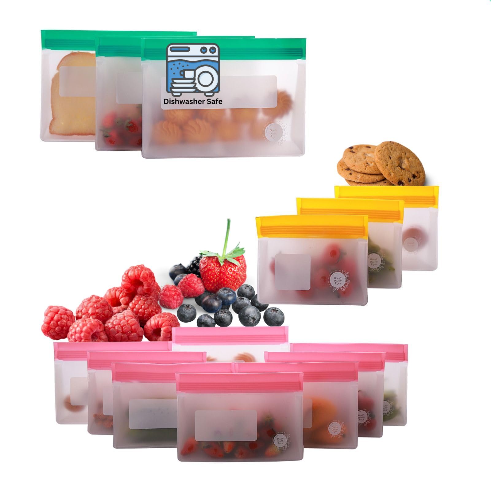 Reusable Food Storage Bags – 10-Pack Stand-Up, BPA-Free, Freezer, Dishwasher Safe, & Eco-Friendly – 5 L, 5 M Bags – Airtight Leakproof Sandwich, Snack, Travel & Make-Up baggies (Grey)