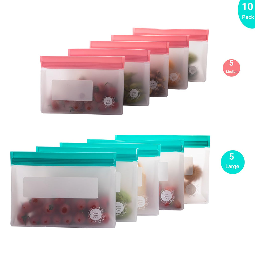 Reusable Food Storage Bags – 10-Pack Stand-Up, BPA-Free, Freezer, Dishwasher Safe, & Eco-Friendly – 5 L, 5 M Bags – Airtight Leakproof Sandwich, Snack, Travel & Make-Up baggies (Grey)