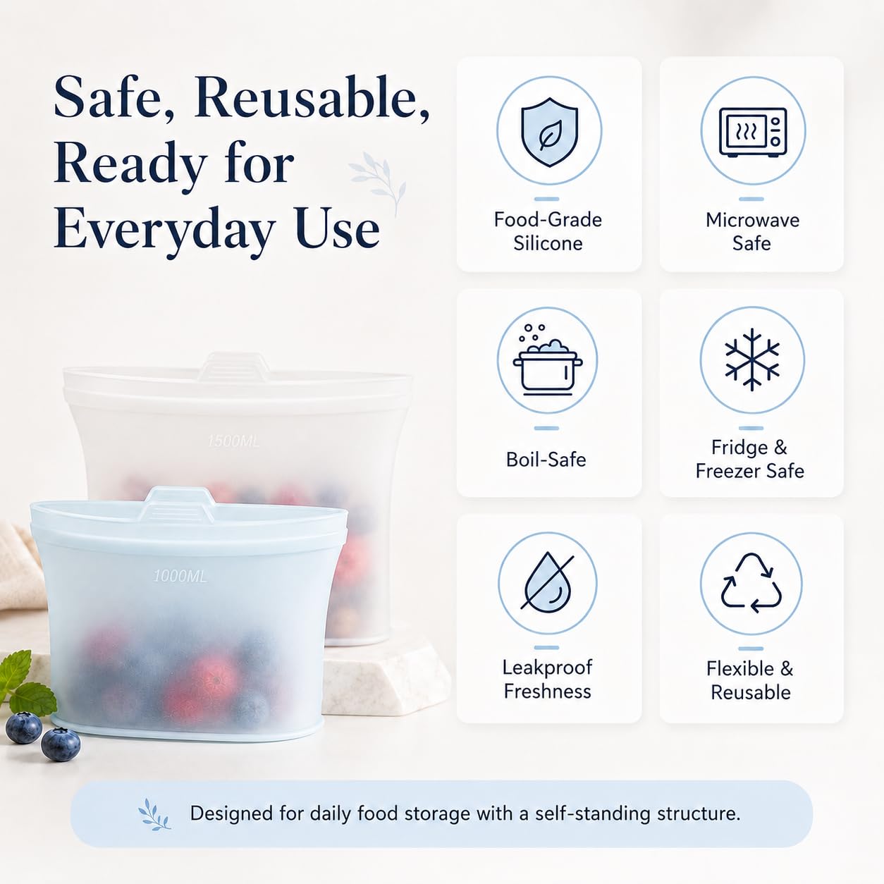 Reusable Silicone Food Storage Bags, 3 Pack 17/34/50 oz, Snack & Meal Prep(Clear)