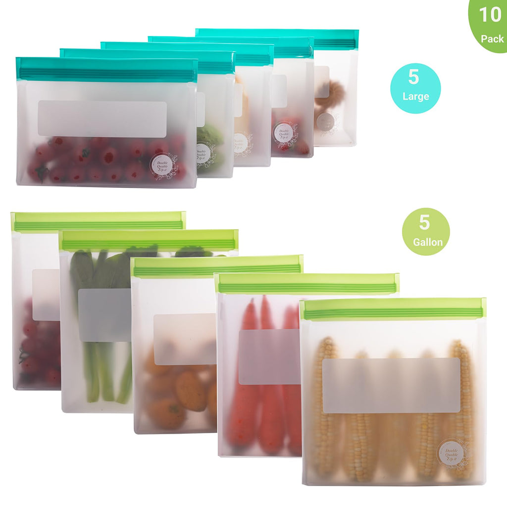 Reusable Food Storage Bags – 10-Pack Stand-Up, BPA-Free, Freezer, Dishwasher Safe, & Eco-Friendly – 5 L, 5 M Bags – Airtight Leakproof Sandwich, Snack, Travel & Make-Up baggies (Grey)
