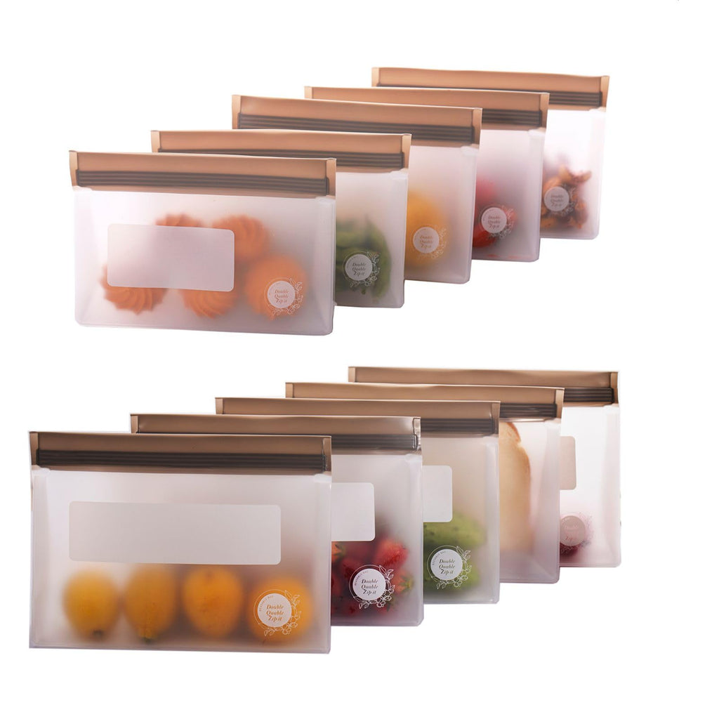 Reusable Food Storage Bags – 10-Pack Stand-Up, BPA-Free, Freezer, Dishwasher Safe, & Eco-Friendly – 5 L, 5 M Bags – Airtight Leakproof Sandwich, Snack, Travel & Make-Up baggies (Grey)