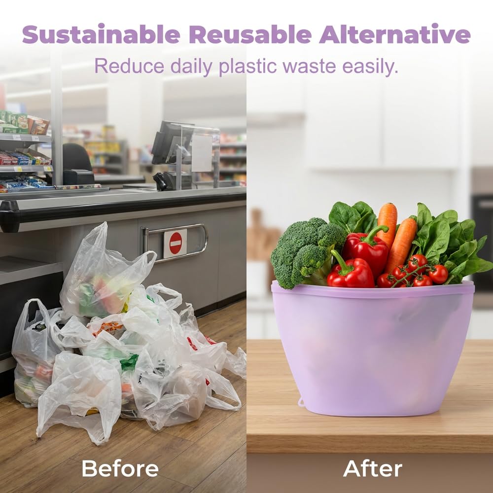 Silicone Reusable Food Storage Bags Stand Up Zip Lock Container (15 Pack) | 100% food-grade silicone, BPA-free. Stand-up zipper seal bags design. Oven/microwave/freezer/dishwasher safe up to 428°F.