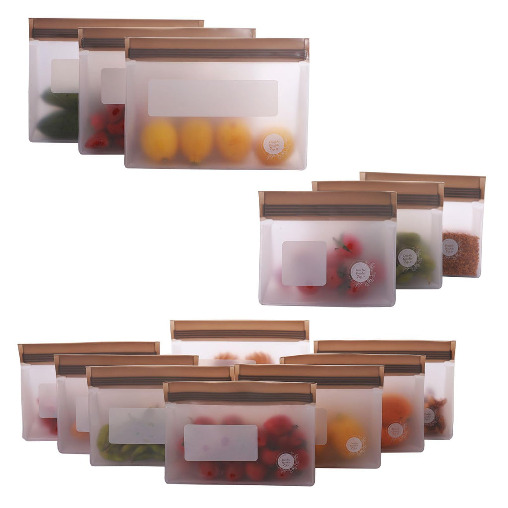 Reusable Food Storage Bags – 10-Pack Stand-Up, BPA-Free, Freezer, Dishwasher Safe, & Eco-Friendly – 5 L, 5 M Bags – Airtight Leakproof Sandwich, Snack, Travel & Make-Up baggies (Grey)