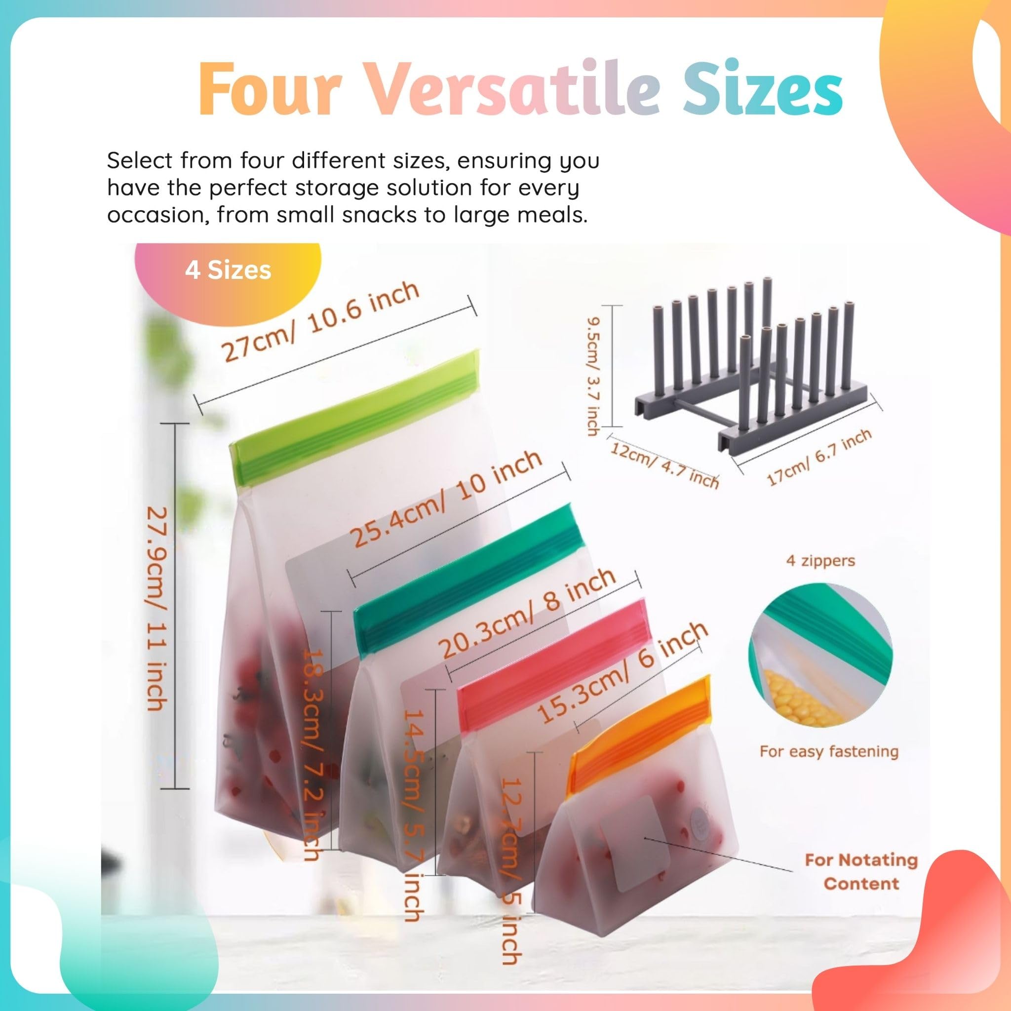 Reusable Food Storage Bags – 10-Pack Stand-Up, BPA-Free, Freezer, Dishwasher Safe, & Eco-Friendly – 5 L, 5 M Bags – Airtight Leakproof Sandwich, Snack, Travel & Make-Up baggies (Grey)