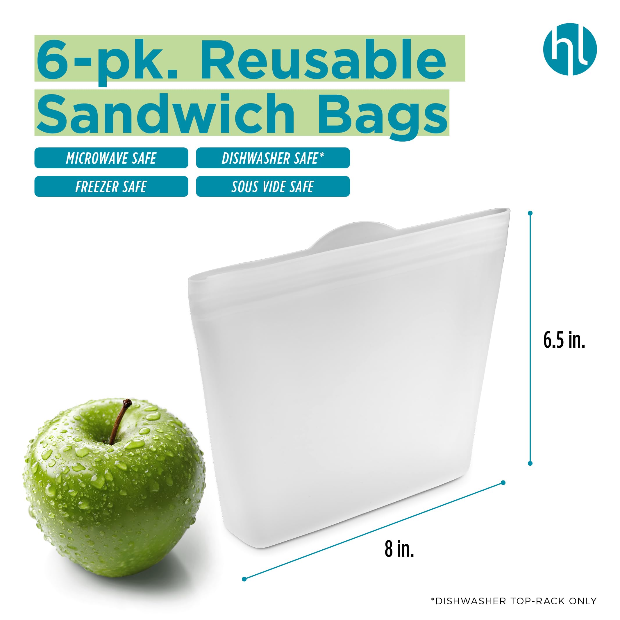 Home Logic Reusable Snack Bags - Set of 6 Clear Silicone Freezer Bags, Airtight Leak Resistant Reusable Zip Bags for Kitchen Home Food Prep, Microwave & Sous Vide Safe