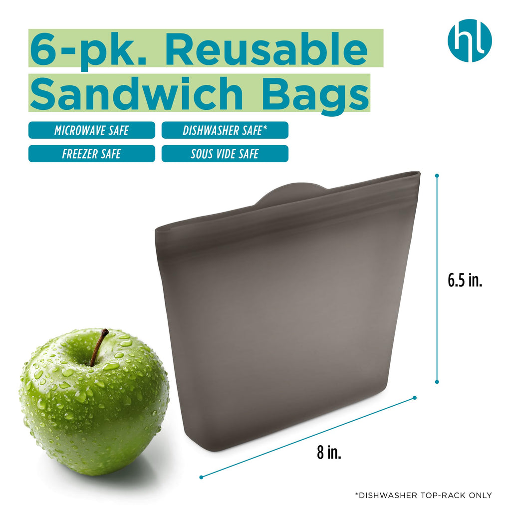 Home Logic Reusable Snack Bags - Set of 6 Clear Silicone Freezer Bags, Airtight Leak Resistant Reusable Zip Bags for Kitchen Home Food Prep, Microwave & Sous Vide Safe