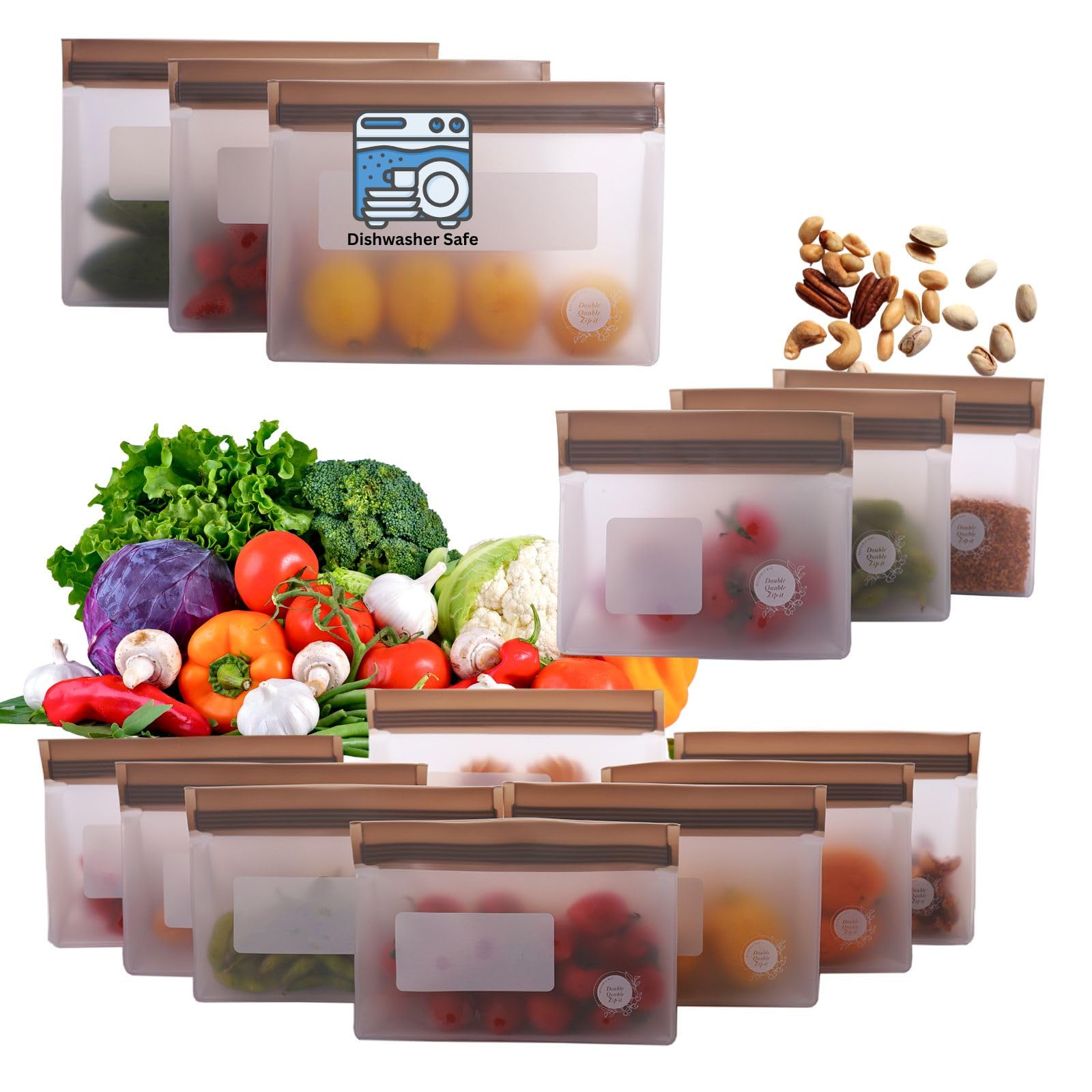 Reusable Food Storage Bags – 10-Pack Stand-Up, BPA-Free, Freezer, Dishwasher Safe, & Eco-Friendly – 5 L, 5 M Bags – Airtight Leakproof Sandwich, Snack, Travel & Make-Up baggies (Grey)