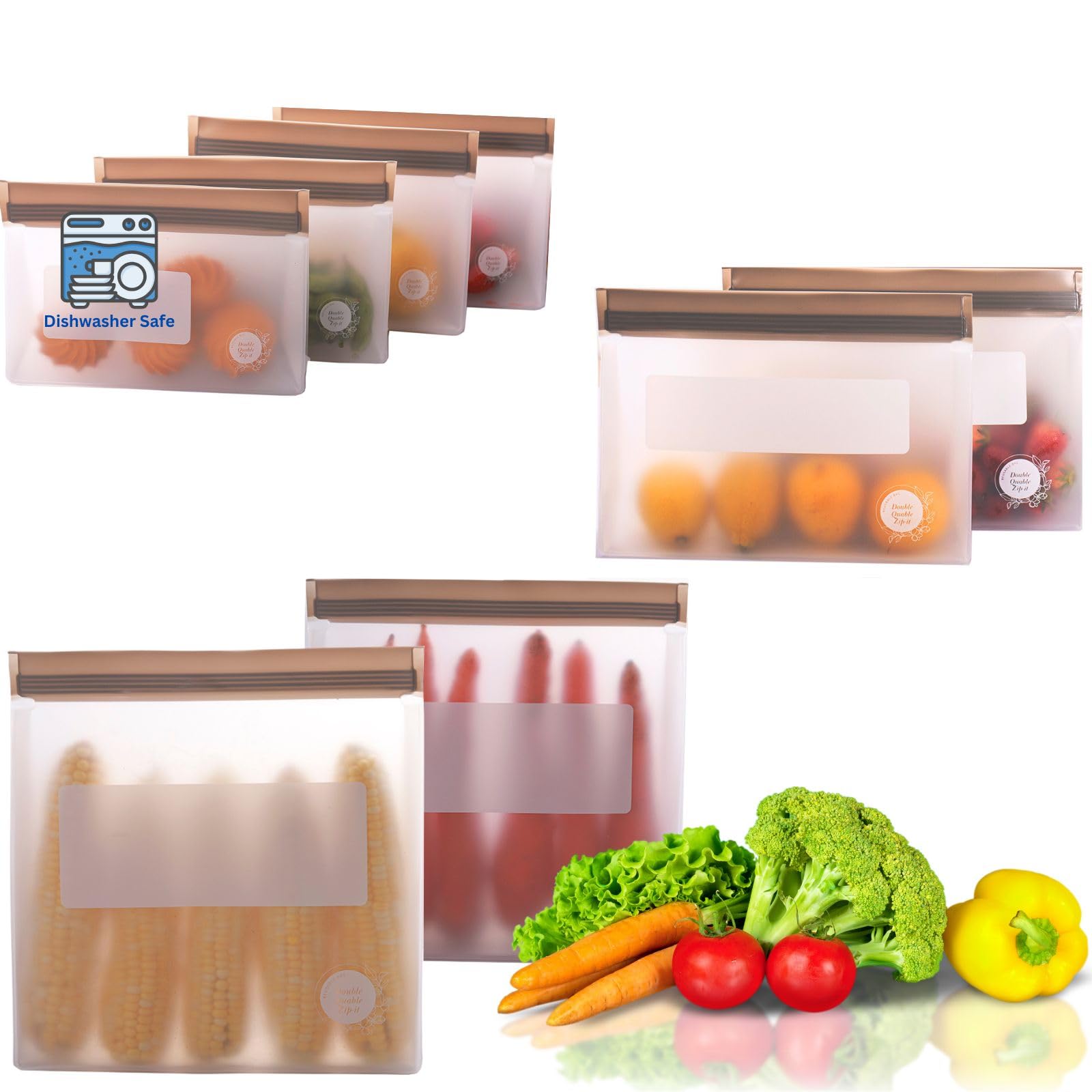 Reusable Food Storage Bags – 10-Pack Stand-Up, BPA-Free, Freezer, Dishwasher Safe, & Eco-Friendly – 5 L, 5 M Bags – Airtight Leakproof Sandwich, Snack, Travel & Make-Up baggies (Grey)