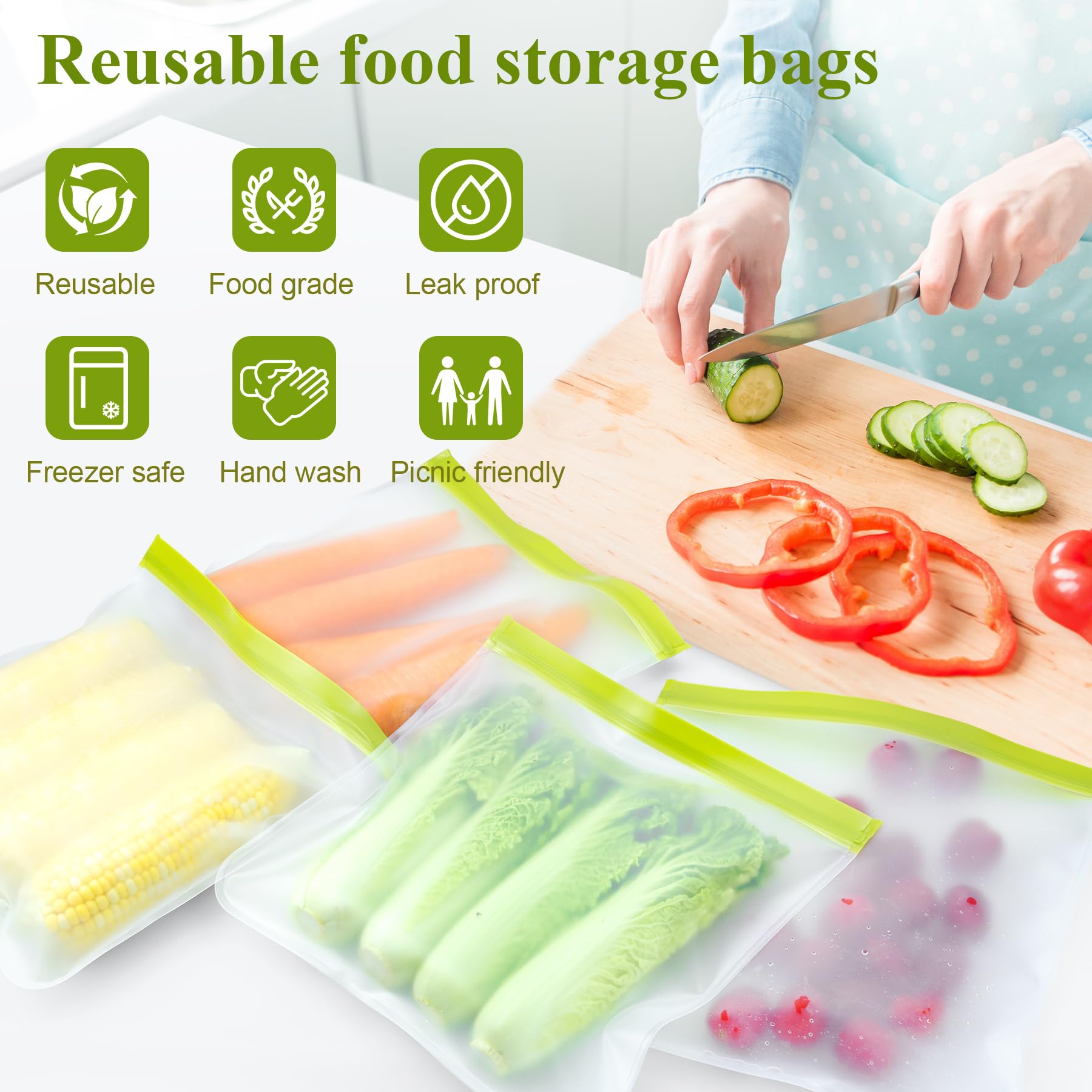 12 Pack Food Storage Containers Silicone Bags-6 Gallon Freezer 3 Sandwich 3 Reusable Snack Bags, Leakproof Silicone Bags for Fruit Storage