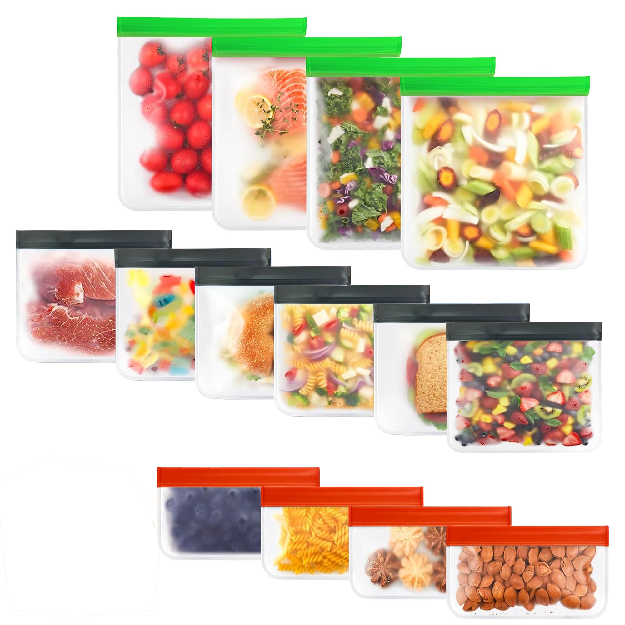 24-Pack Reusable Silicone Food Storage Bags, Leakproof Ziplock Set | Includes 8 Small, 8 Medium & 8 Large | Freezer-Safe & Eco-Friendly for Kitchen, Meal Prep & Travel
