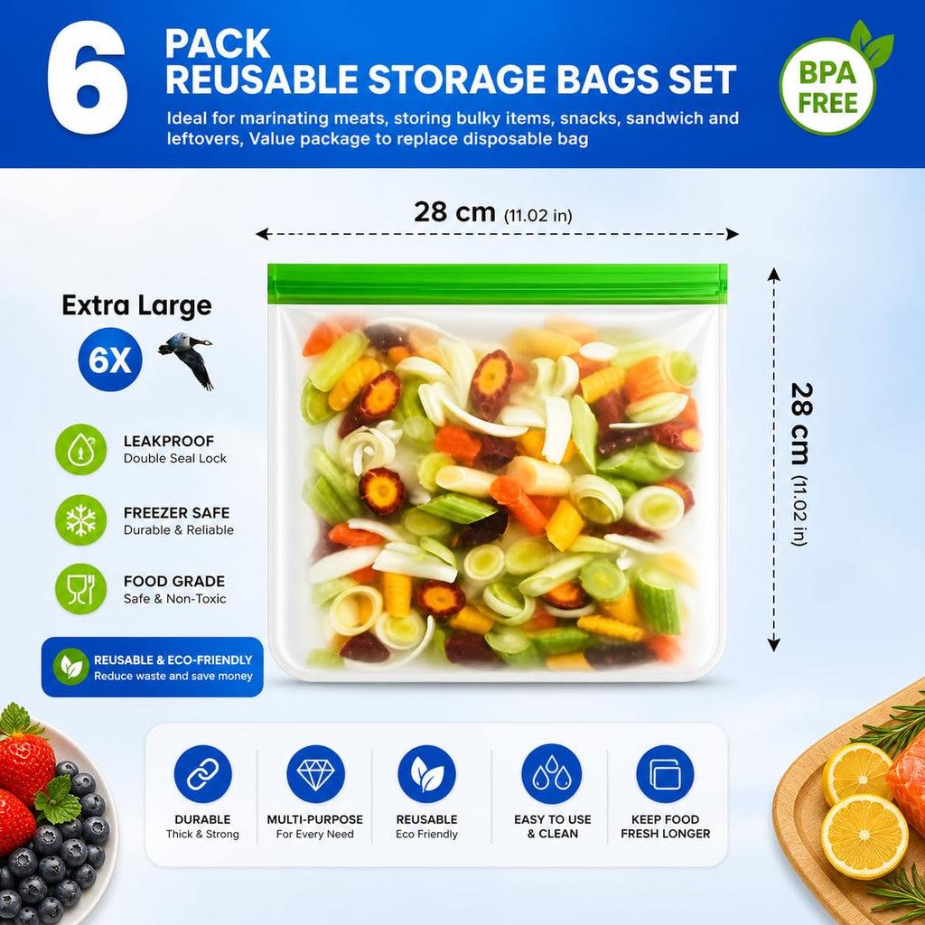 24-Pack Reusable Silicone Food Storage Bags, Leakproof Ziplock Set | Includes 8 Small, 8 Medium & 8 Large | Freezer-Safe & Eco-Friendly for Kitchen, Meal Prep & Travel