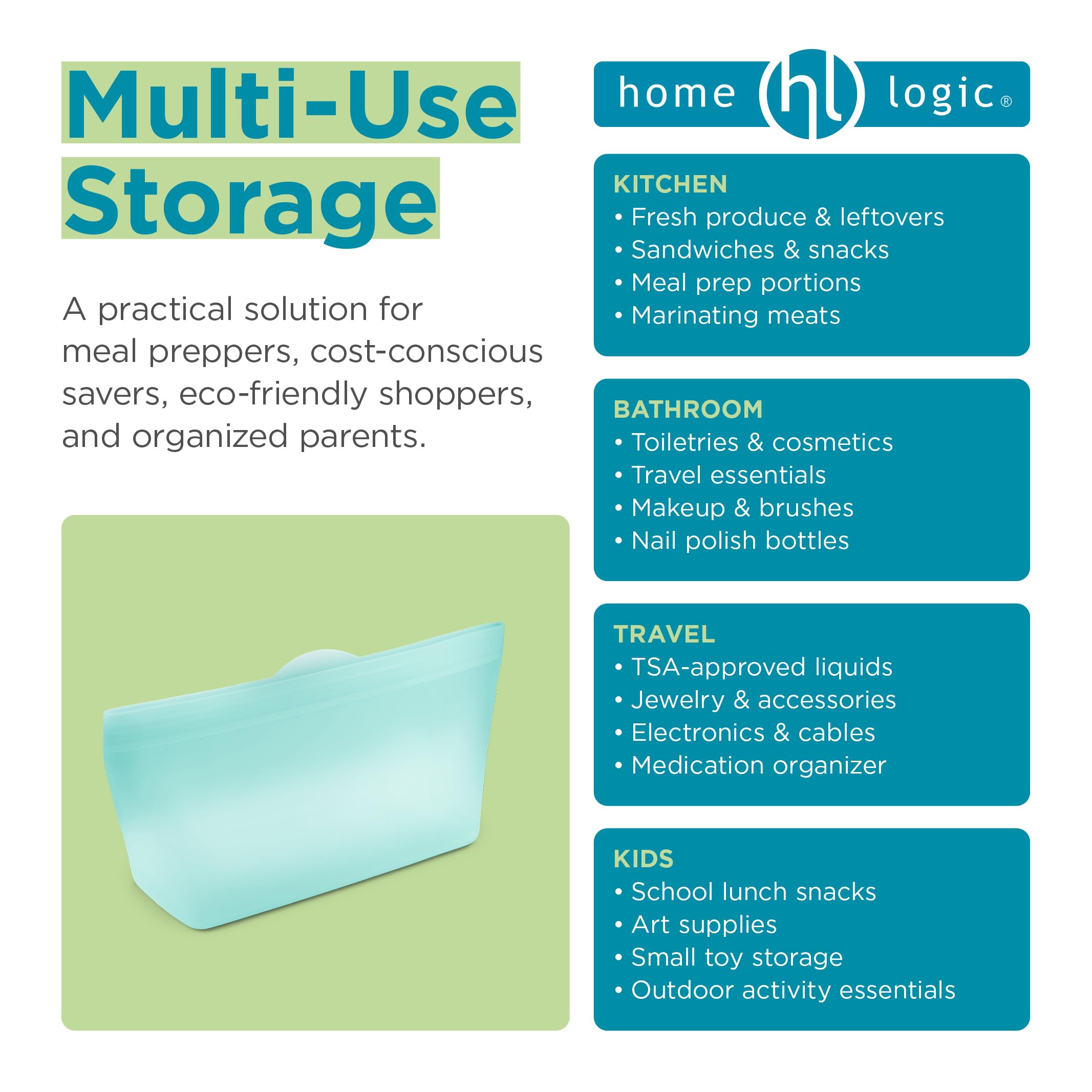 Home Logic Reusable Snack Bags - Set of 6 Clear Silicone Freezer Bags, Airtight Leak Resistant Reusable Zip Bags for Kitchen Home Food Prep, Microwave & Sous Vide Safe