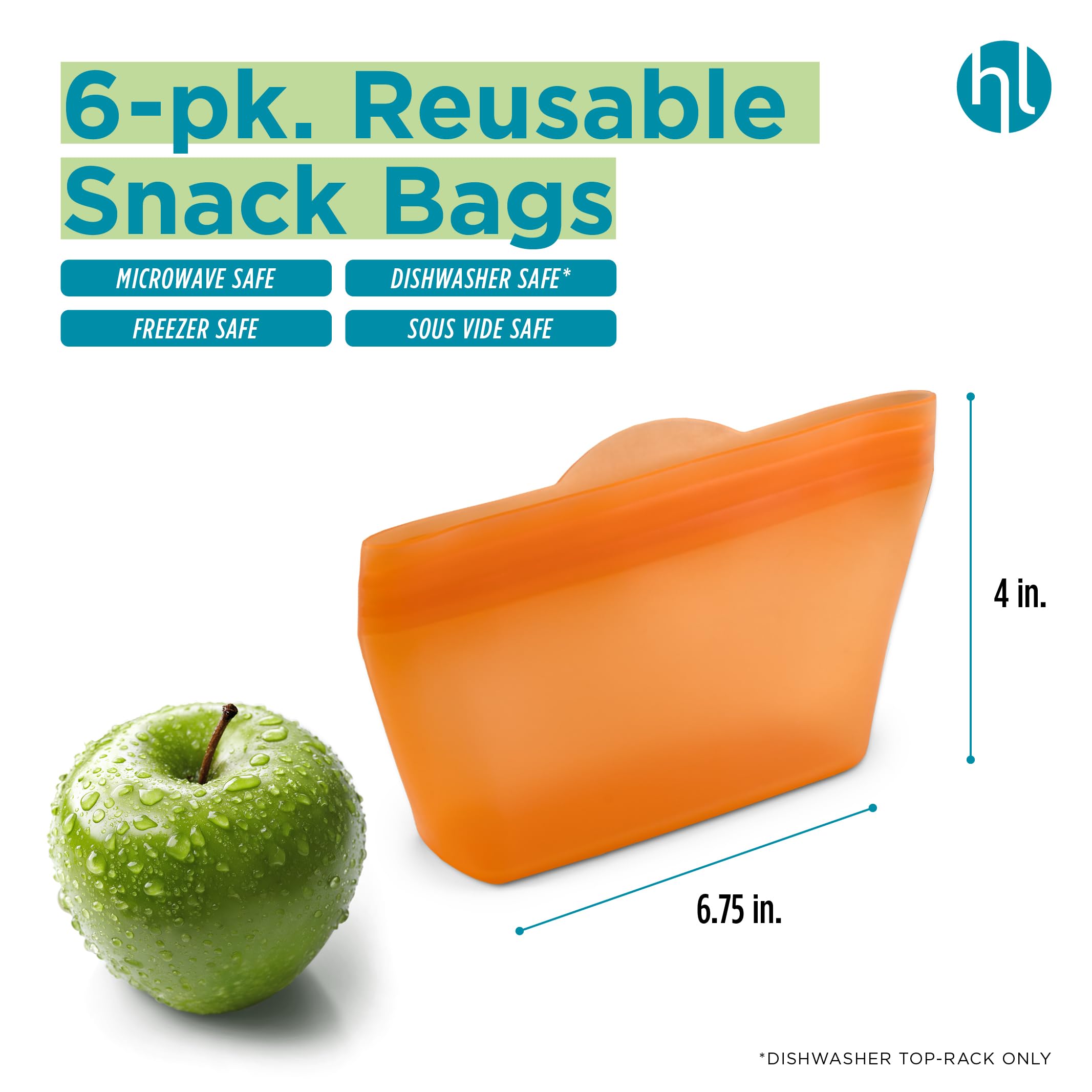 Home Logic Reusable Snack Bags - Set of 6 Clear Silicone Freezer Bags, Airtight Leak Resistant Reusable Zip Bags for Kitchen Home Food Prep, Microwave & Sous Vide Safe