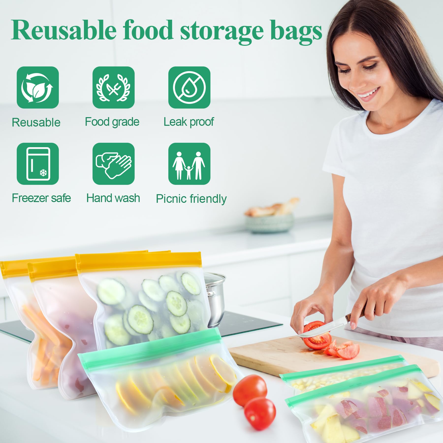 12 Pack Food Storage Containers Silicone Bags-6 Gallon Freezer 3 Sandwich 3 Reusable Snack Bags, Leakproof Silicone Bags for Fruit Storage