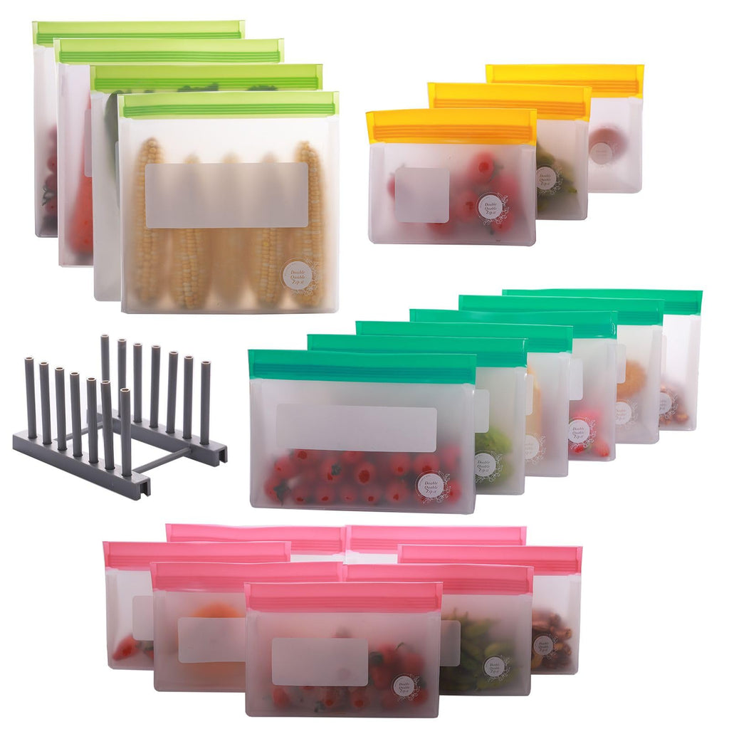 Reusable Food Storage Bags – 10-Pack Stand-Up, BPA-Free, Freezer, Dishwasher Safe, & Eco-Friendly – 5 L, 5 M Bags – Airtight Leakproof Sandwich, Snack, Travel & Make-Up baggies (Grey)
