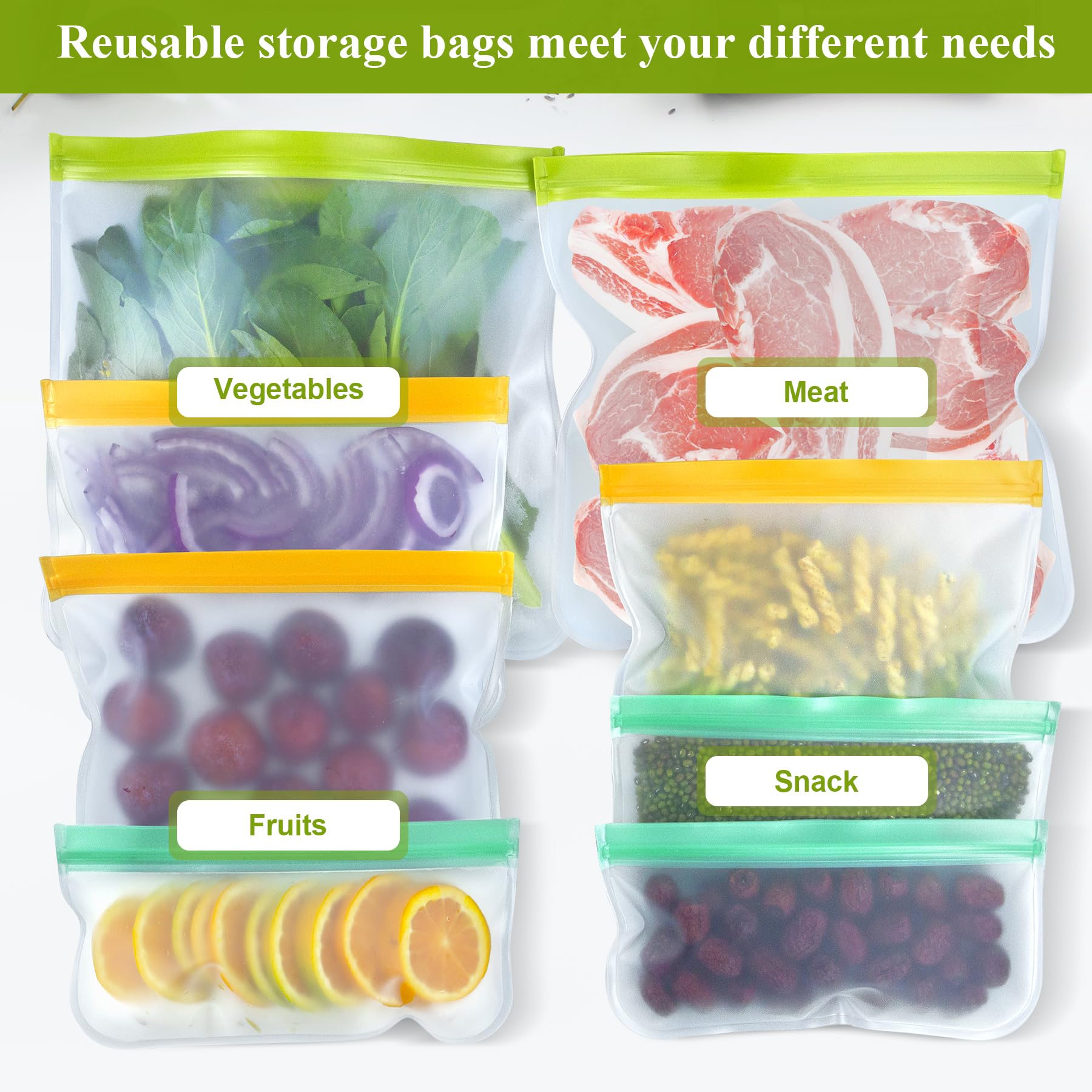 12 Pack Food Storage Containers Silicone Bags-6 Gallon Freezer 3 Sandwich 3 Reusable Snack Bags, Leakproof Silicone Bags for Fruit Storage