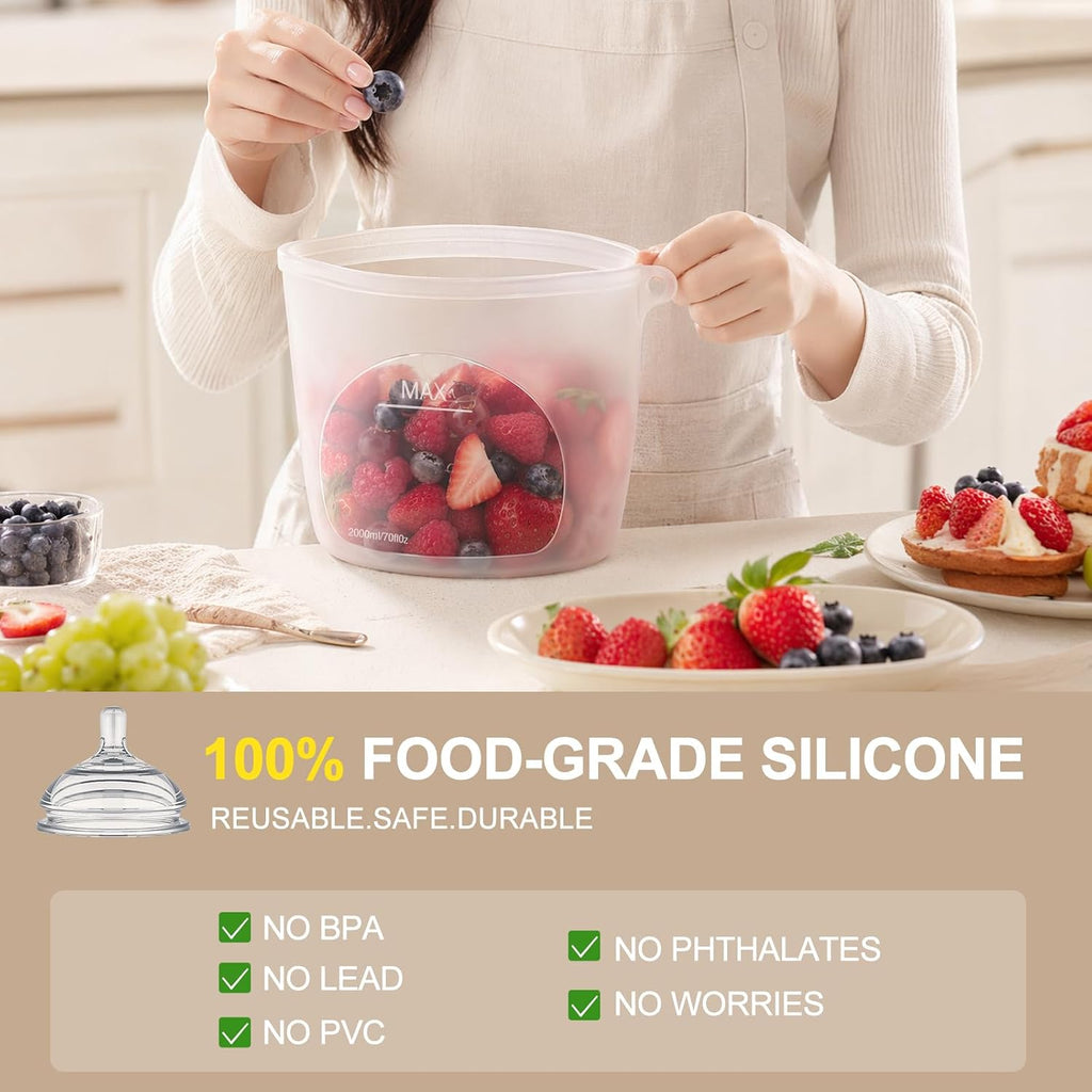 Silicone Reusable Food Storage Bags 6 Pack,Reusable Freezer Bags,Stand Up Wide-Mouth Zipper Container,Food Storage Bag Easy-Clean Sandwich,Microwave & Dishwasher,Eco Friendly(17oz,35oz,70oz)