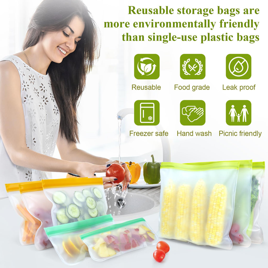12 Pack Food Storage Containers Silicone Bags-6 Gallon Freezer 3 Sandwich 3 Reusable Snack Bags, Leakproof Silicone Bags for Fruit Storage