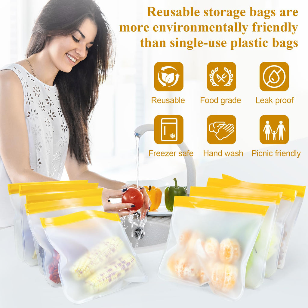 12 Pack Food Storage Containers Silicone Bags-6 Gallon Freezer 3 Sandwich 3 Reusable Snack Bags, Leakproof Silicone Bags for Fruit Storage