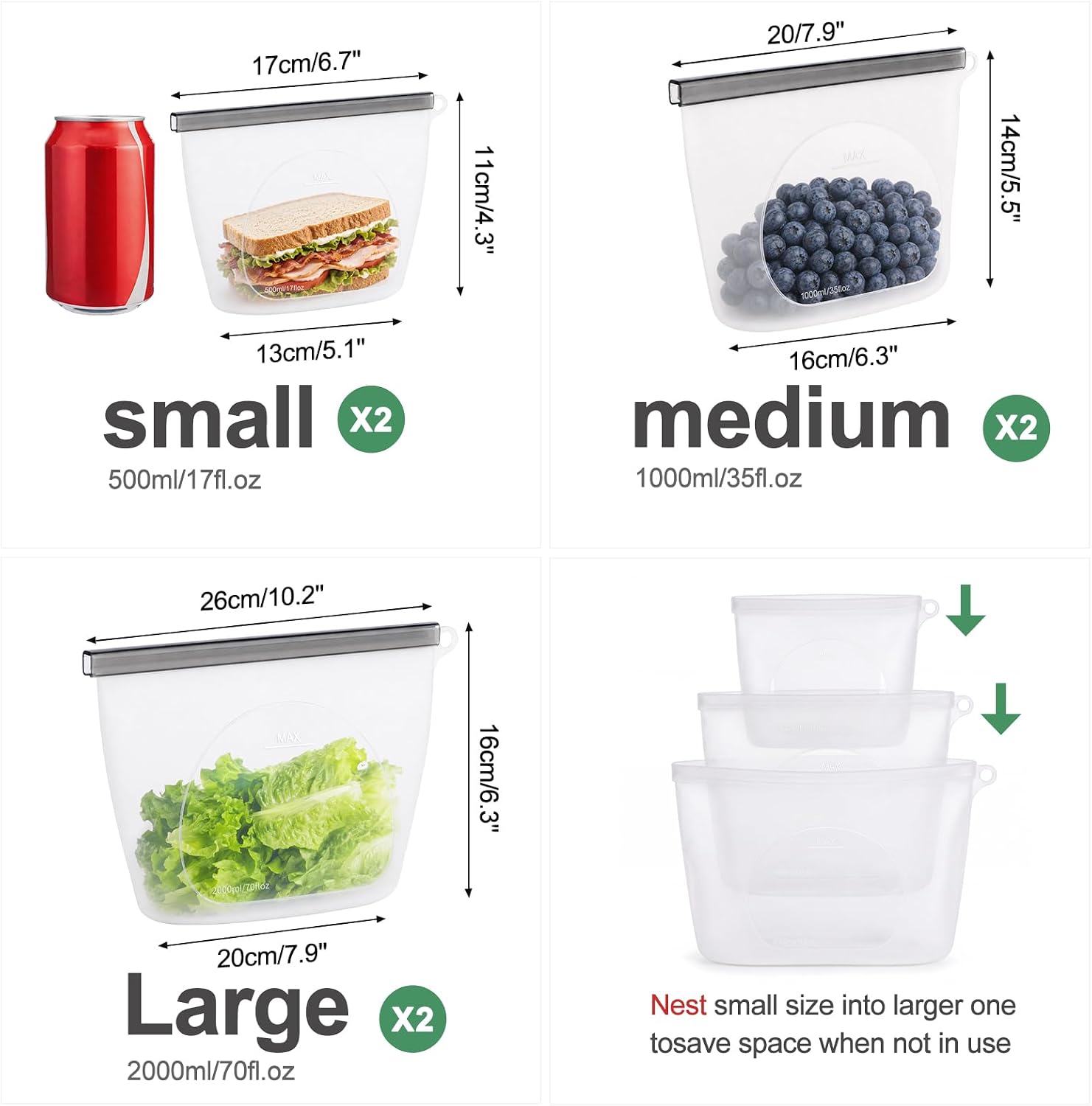 Silicone Reusable Food Storage Bags 6 Pack,Reusable Freezer Bags,Stand Up Wide-Mouth Zipper Container,Food Storage Bag Easy-Clean Sandwich,Microwave & Dishwasher,Eco Friendly(17oz,35oz,70oz)