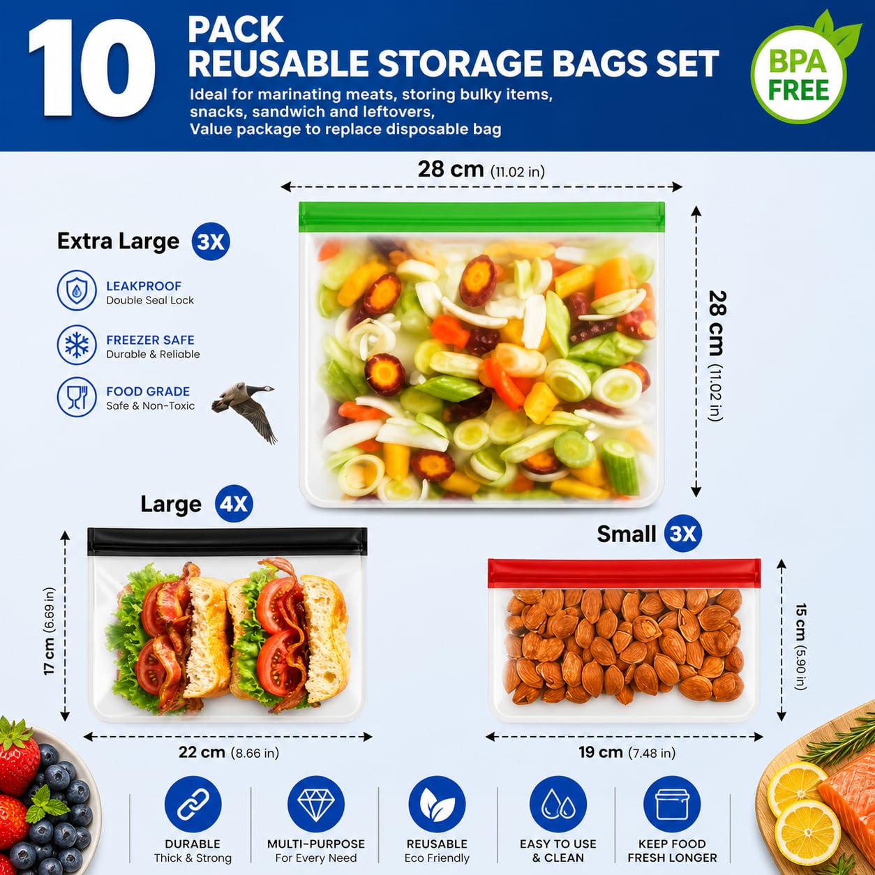 24-Pack Reusable Silicone Food Storage Bags, Leakproof Ziplock Set | Includes 8 Small, 8 Medium & 8 Large | Freezer-Safe & Eco-Friendly for Kitchen, Meal Prep & Travel