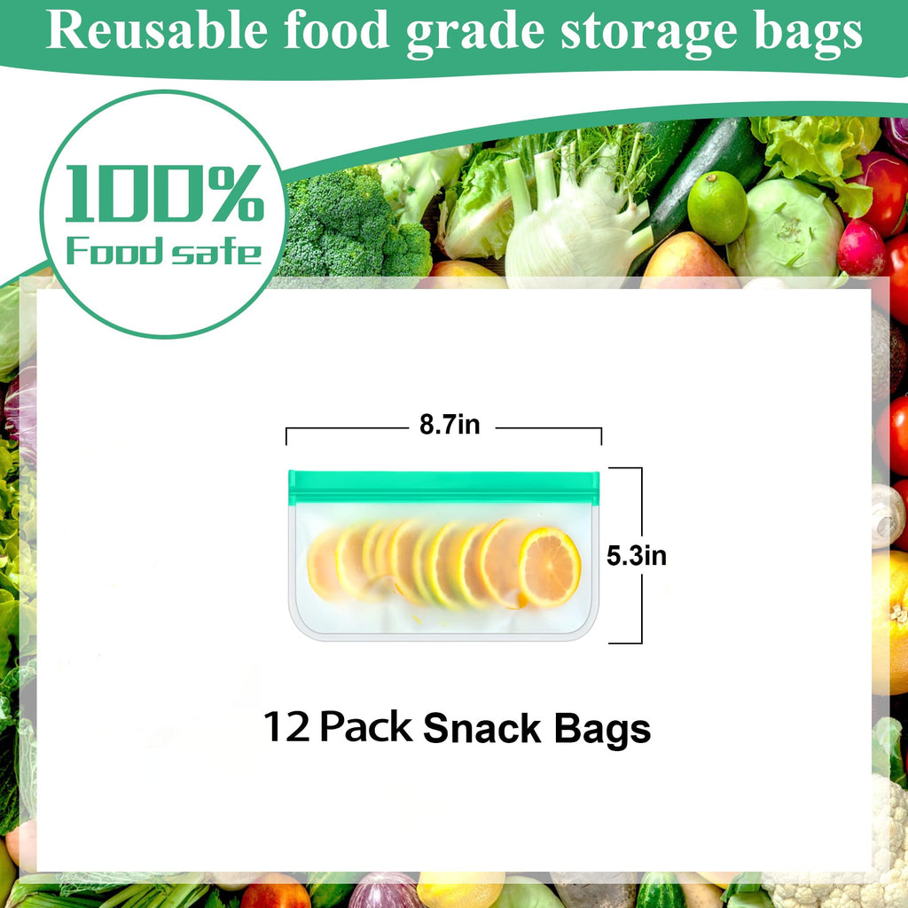 12 Pack Food Storage Containers Silicone Bags-6 Gallon Freezer 3 Sandwich 3 Reusable Snack Bags, Leakproof Silicone Bags for Fruit Storage