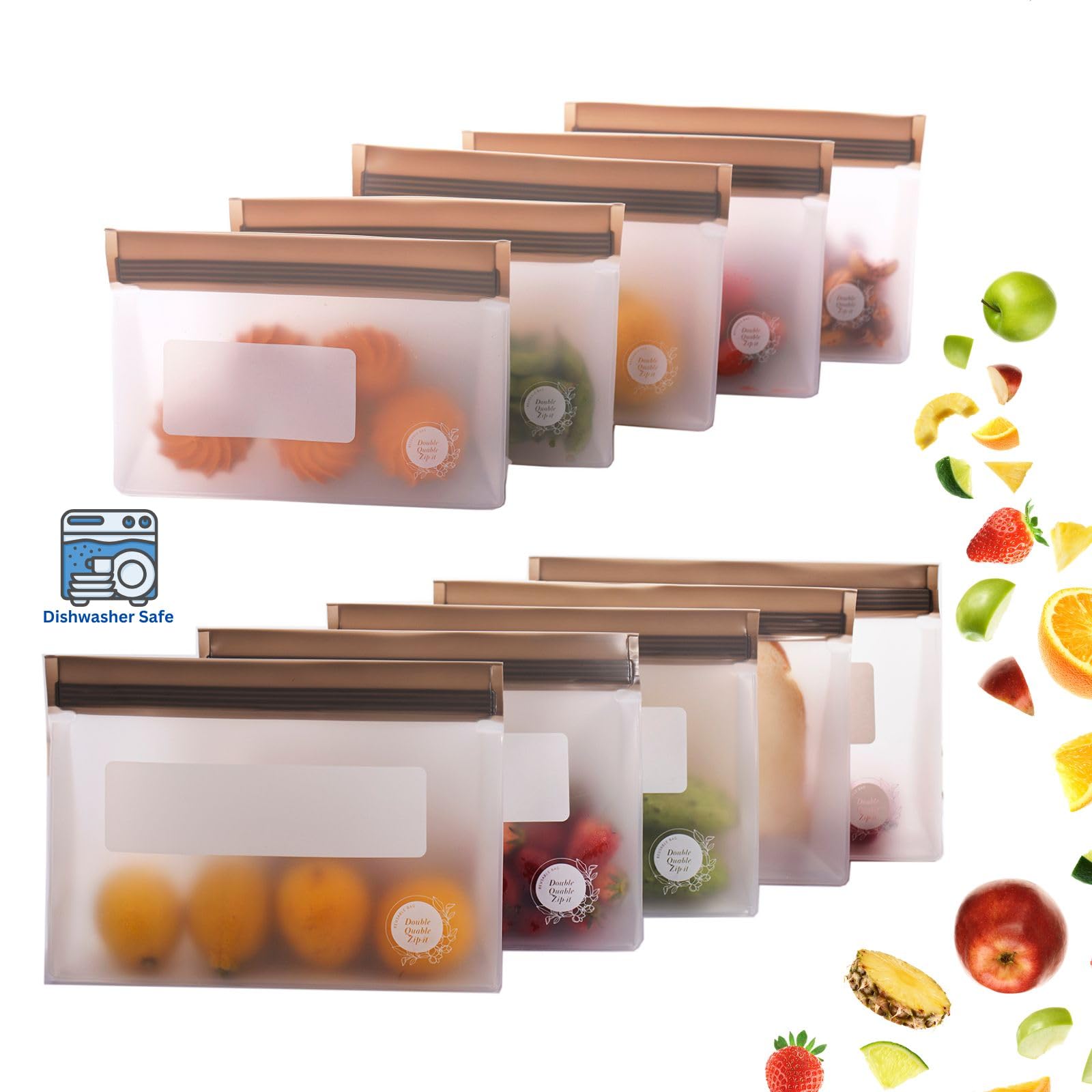 Reusable Food Storage Bags – 10-Pack Stand-Up, BPA-Free, Freezer, Dishwasher Safe, & Eco-Friendly – 5 L, 5 M Bags – Airtight Leakproof Sandwich, Snack, Travel & Make-Up baggies (Grey)