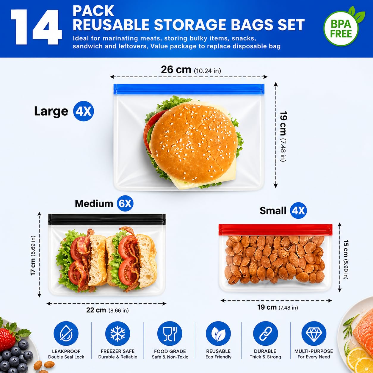 24-Pack Reusable Silicone Food Storage Bags, Leakproof Ziplock Set | Includes 8 Small, 8 Medium & 8 Large | Freezer-Safe & Eco-Friendly for Kitchen, Meal Prep & Travel